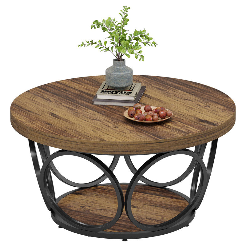 80 cm Runder Holztisch,2-Ebenen Lagerung, Moderne Einfache Braune Teetisch