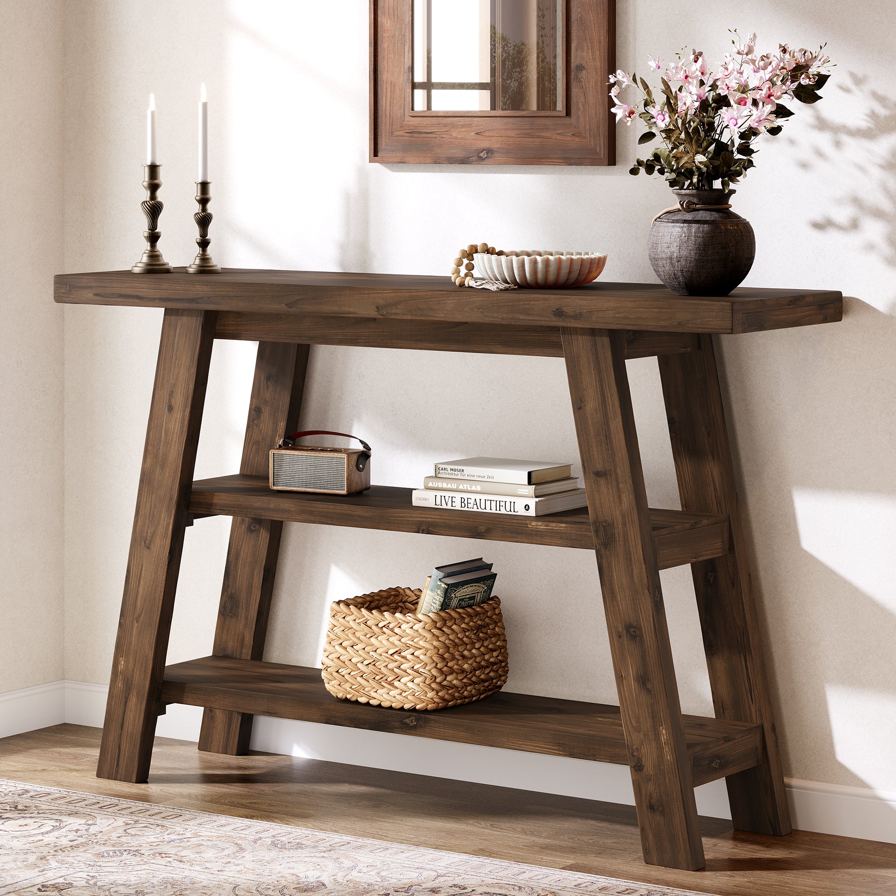 120 cm Massivholz-Konsolentisch im Landhausstil, schmaler Sofatisch mit 3 Ebenen für Eingang & Foyer
