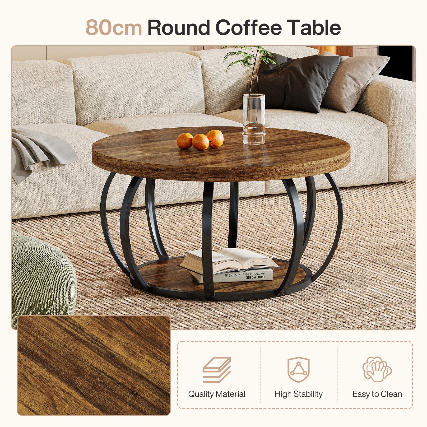 Tribesigns Runde Couchtisch 80 cm, Industrial 2-Tier-Kreis Couchtisch mit Lagerung Regale