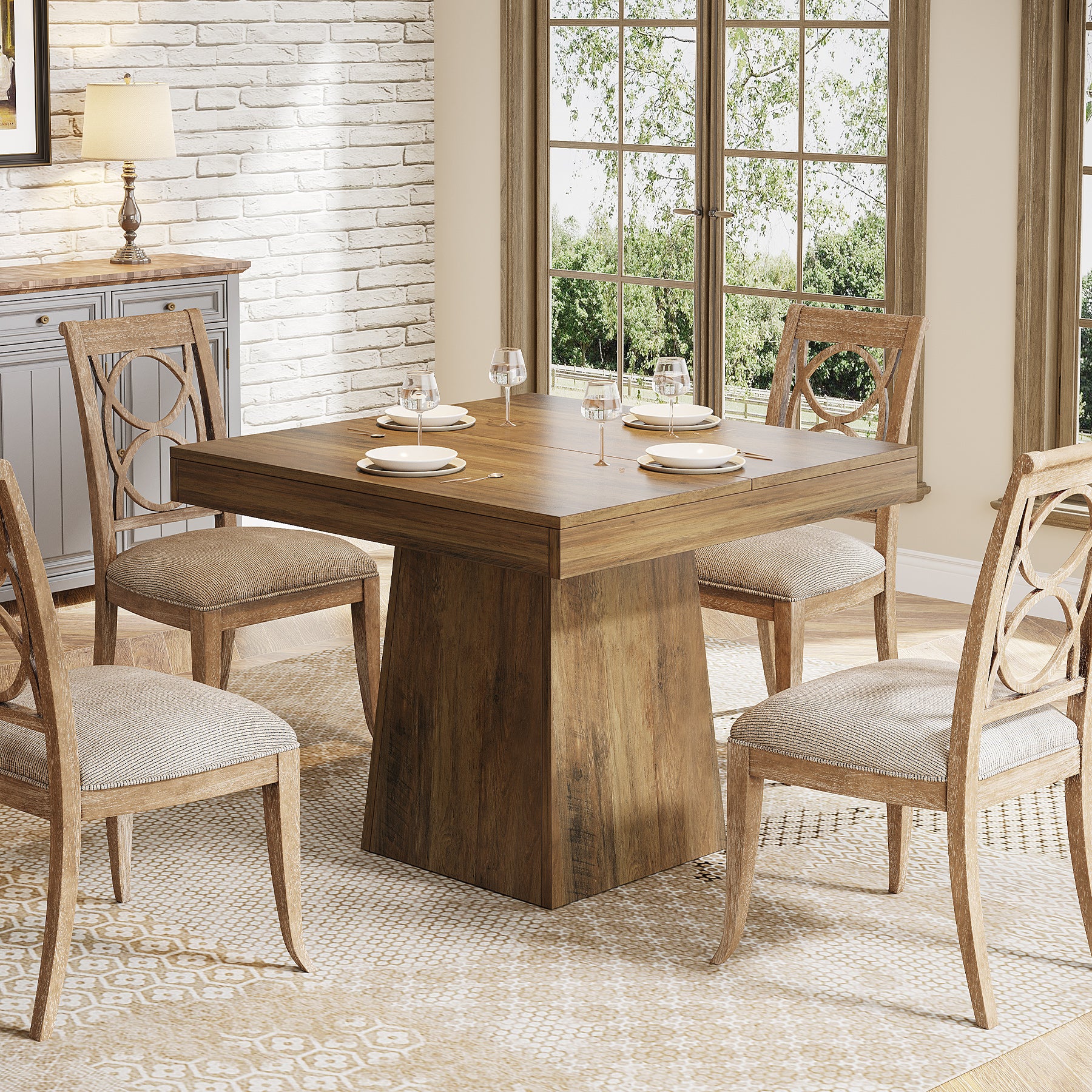 Quadratischer Esstisch 80x80 cm für 4 Personen, kompakter Küchentisch im Landhausstil mit stabilem Sockel