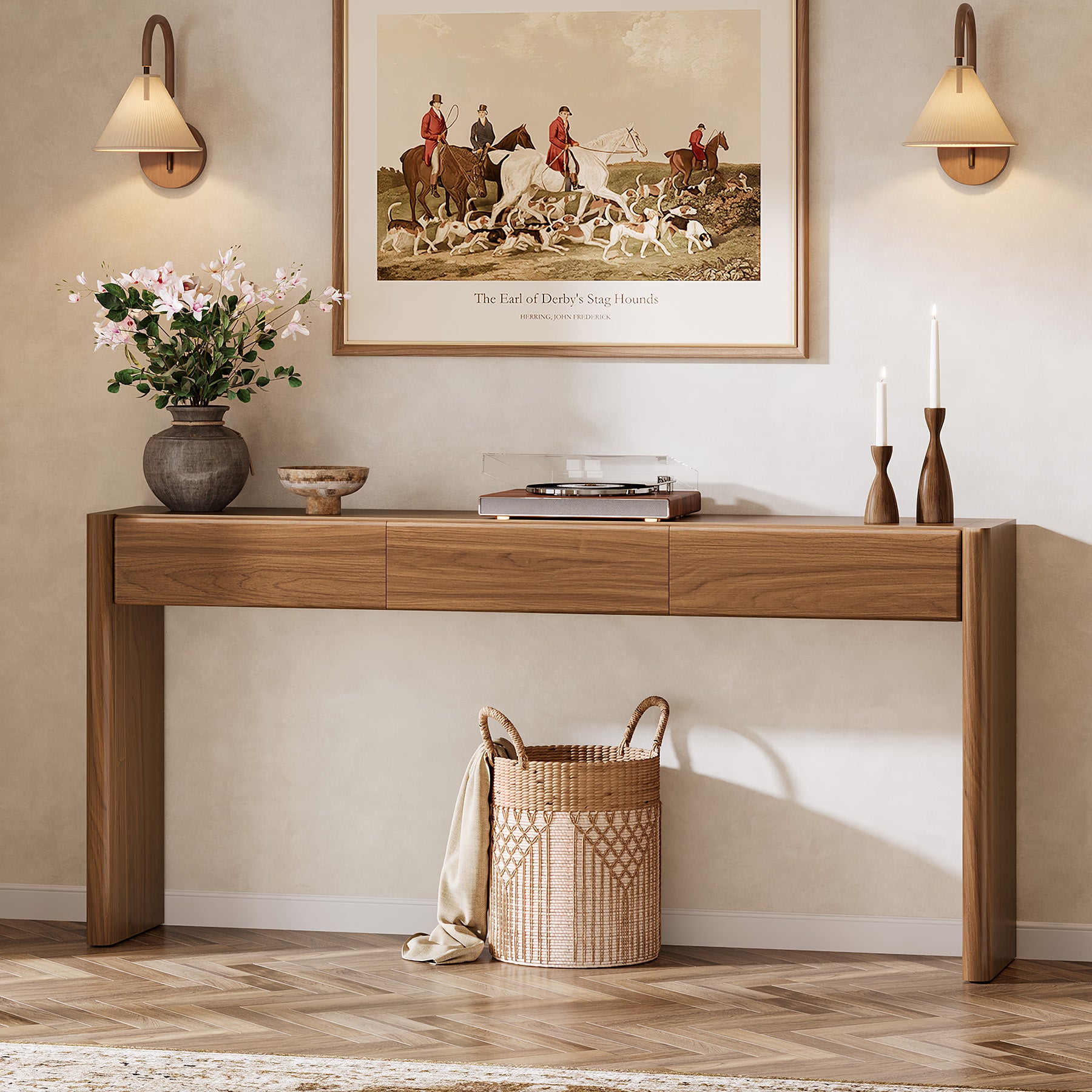 Konsolentisch 180 cm mit 3 Schubladen – Schmaler Flurtisch in Vintagebraun, Holz Sofatisch mit Ablage