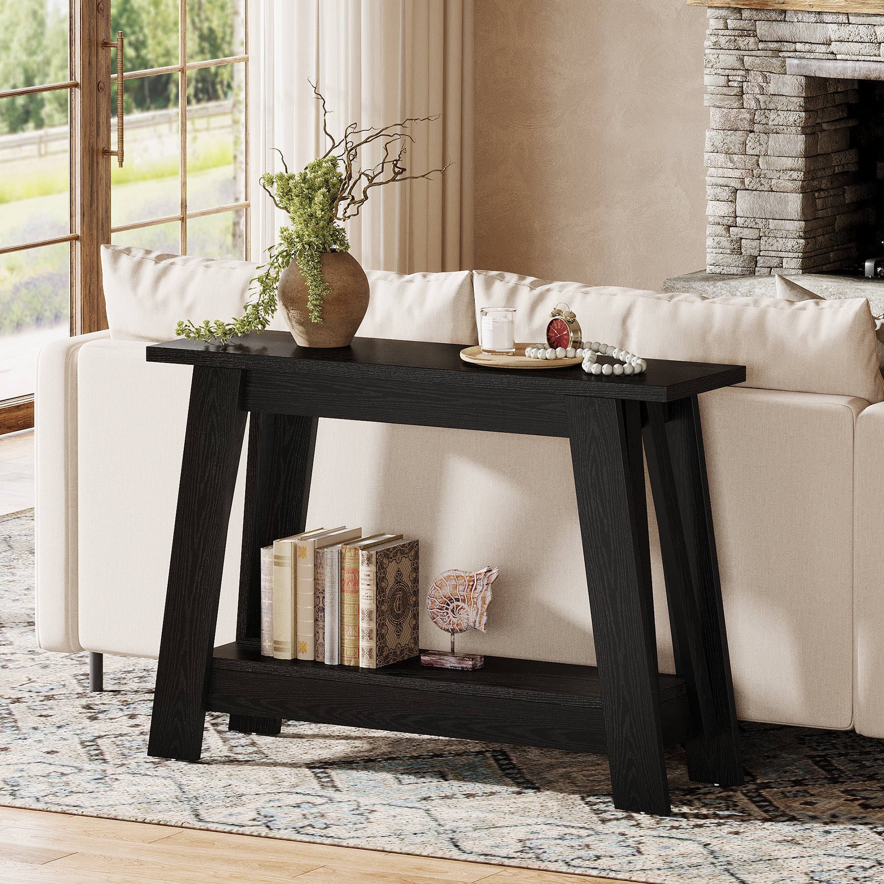 105 cm Farmhouse Konsolentisch mit 2 Ebenen Stauraum, Schmaler Sofatisch im Landhausstil