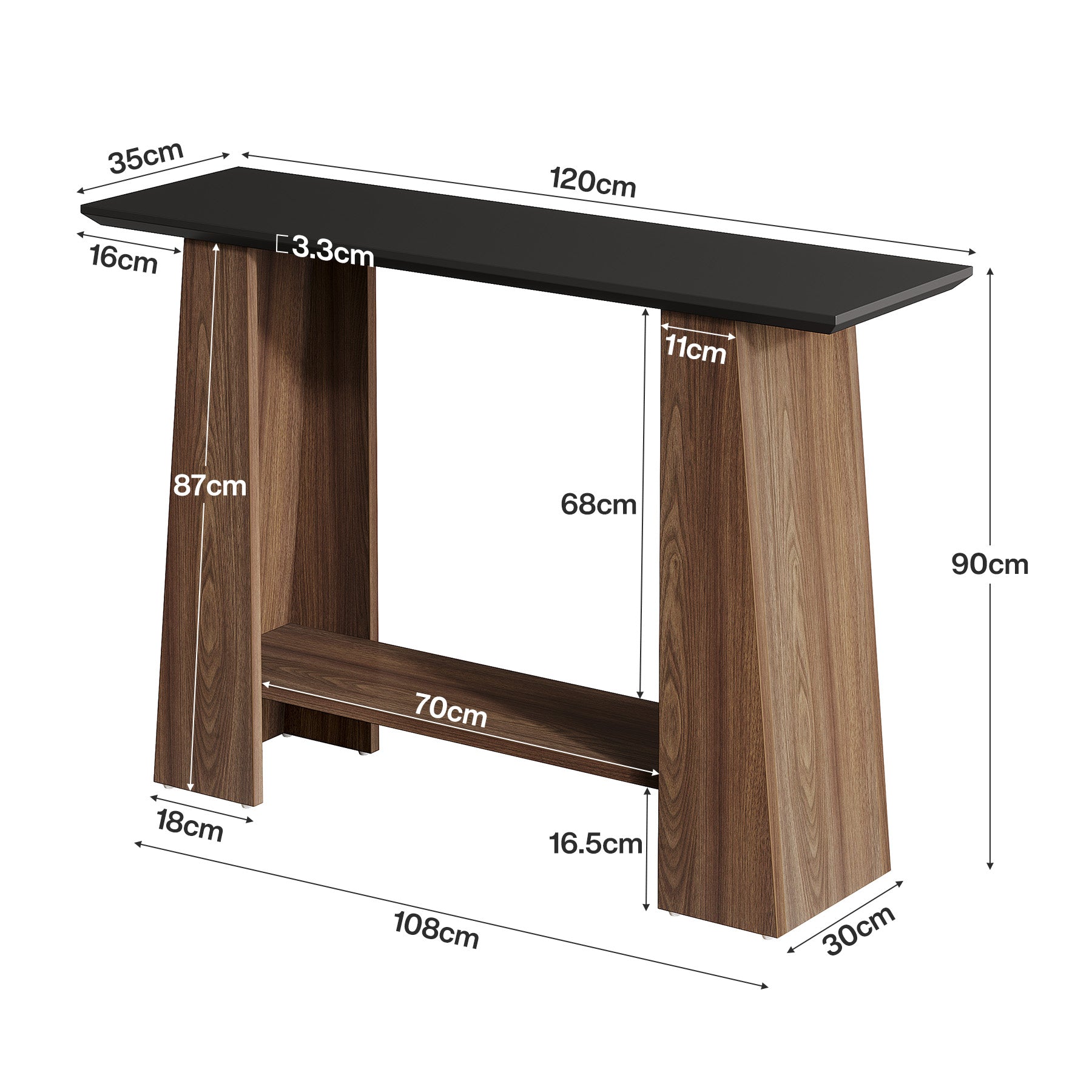 120 cm Konsolentisch, Mid-Century Modern 2-stöckiger Flurtisch in Schwarz und Nussbaum