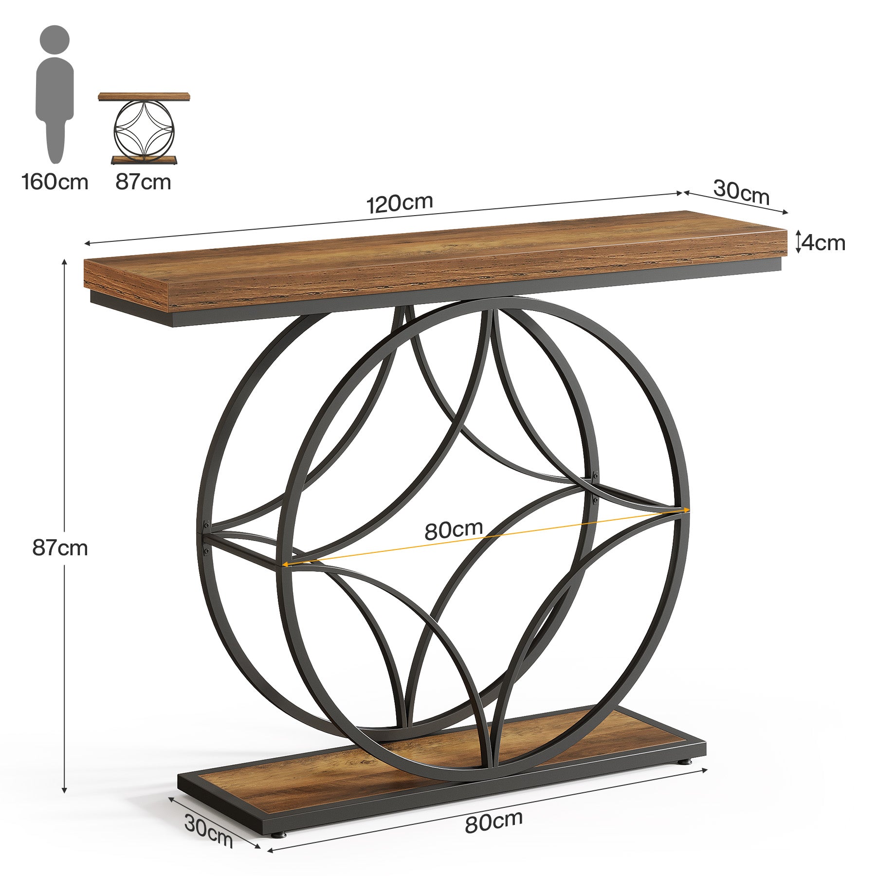 120 cm Industrieller Couchtisch mit Metallgestell - Schmaler 2-Etagen Flurtisch in Rustikalbraun für kleine Räume