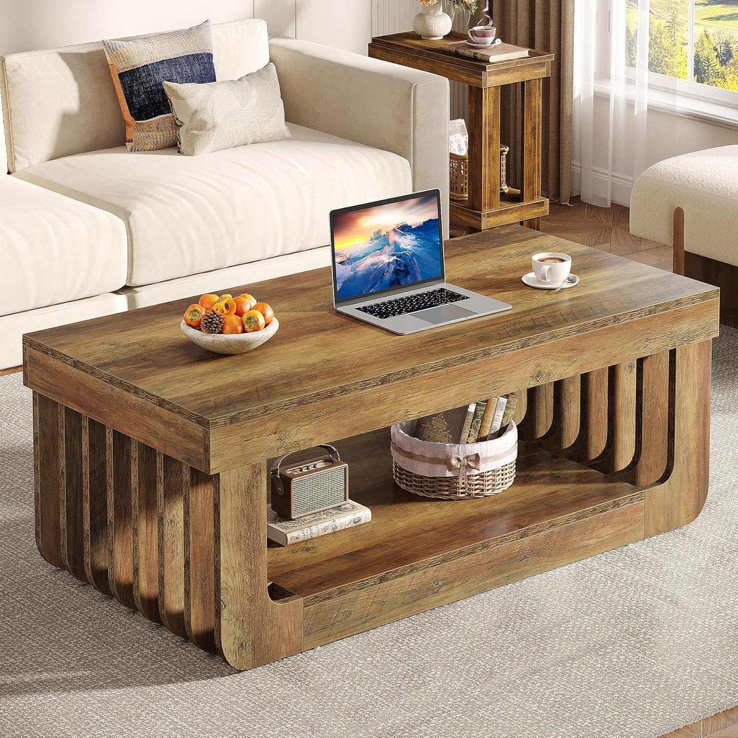 120 cm Rustikaler 2 stöckiger Couchtisch & Stauraum