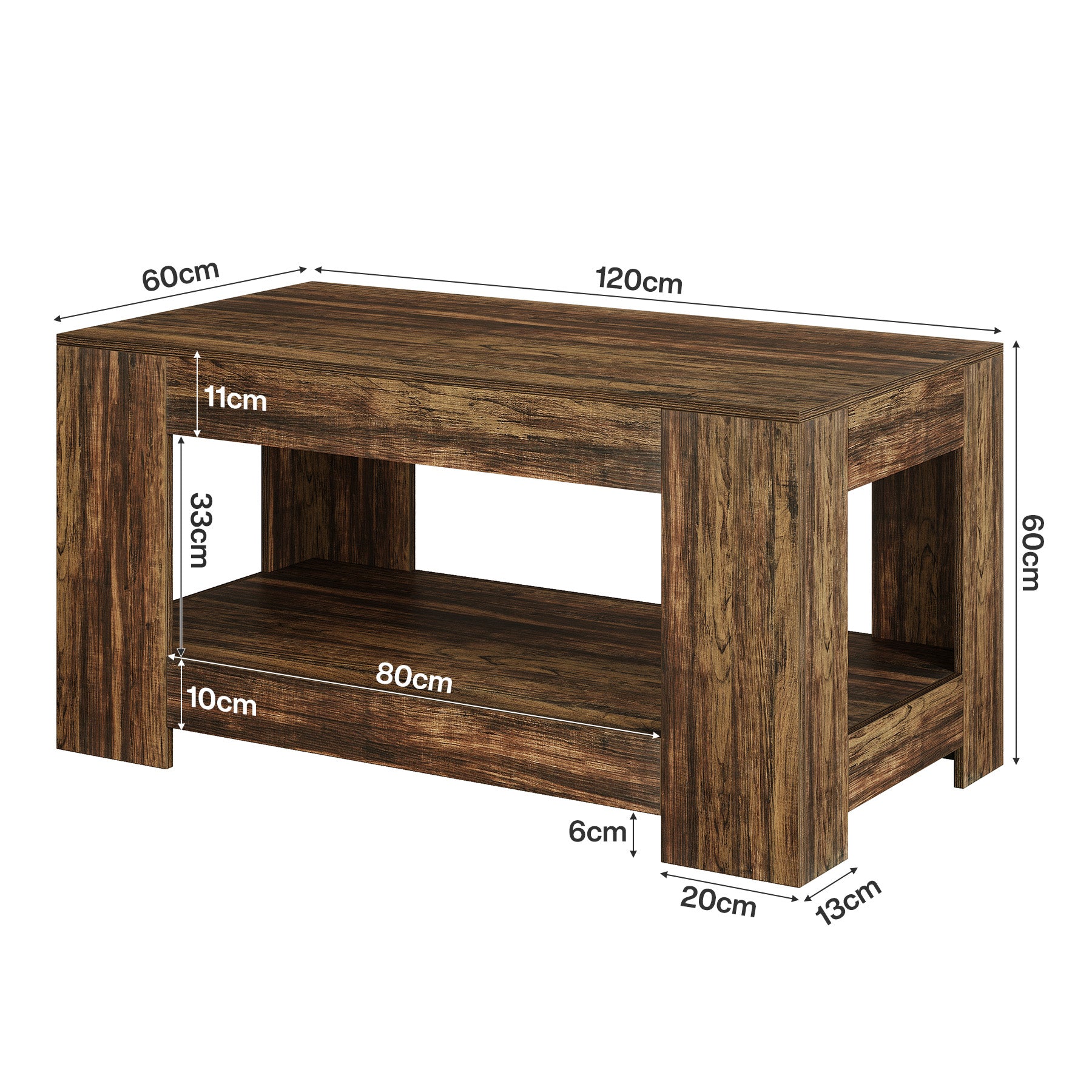 120 cm Rustikaler Couchtisch mit 2 Ebenen - Landhaus-Wohnzimmertisch mit Stauraum & einfacher Montage