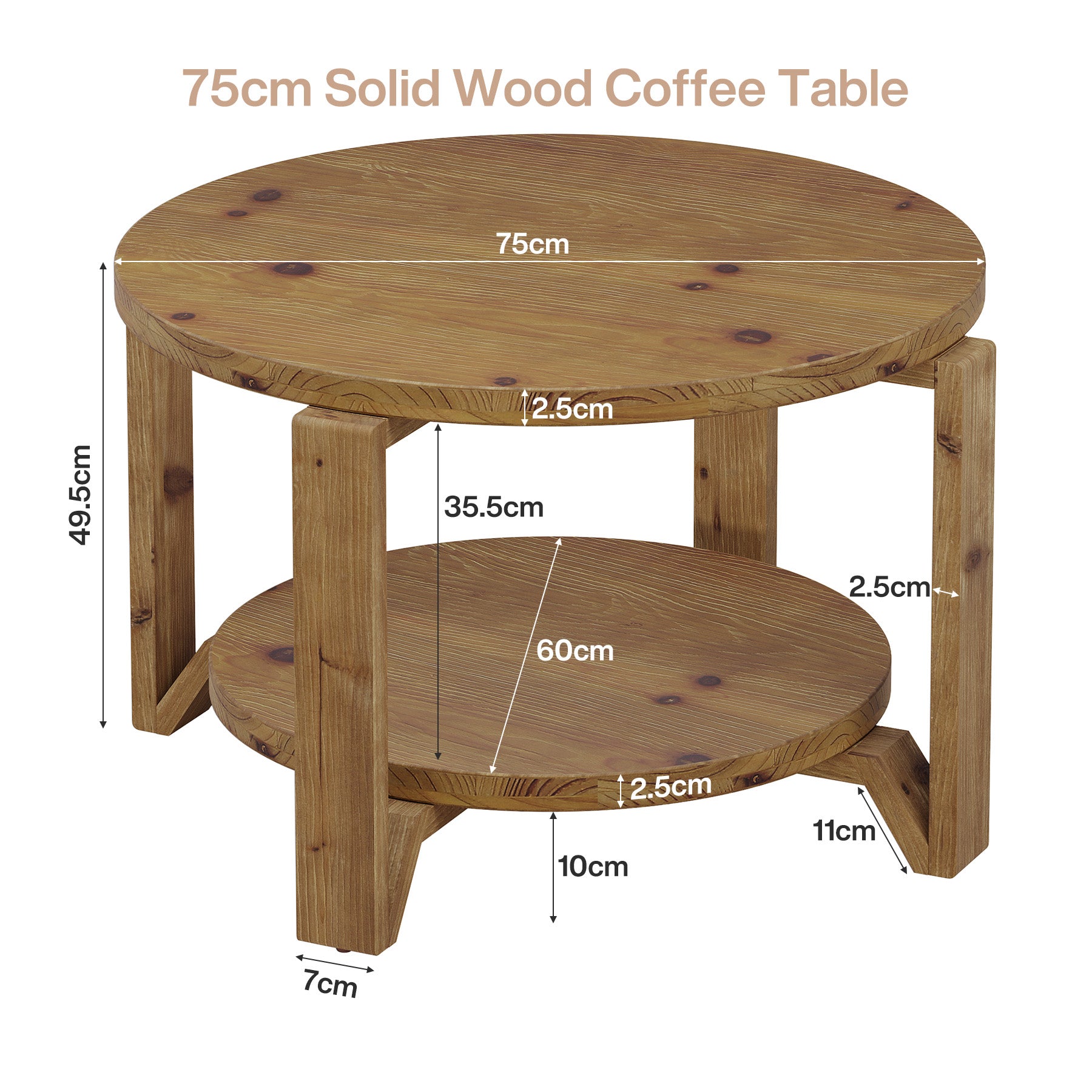 80 cm Sofatisch aus Massivholz, runder Tisch mit zwei Ebenen und strukturiertem Trommelfuß