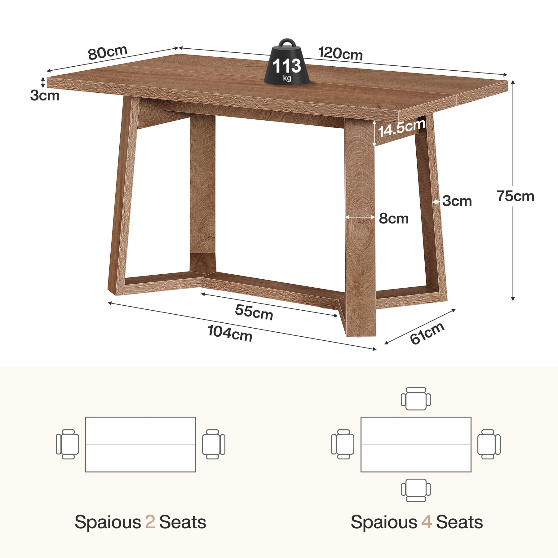 Moderner Esstisch 120 cm für 4–6 Personen, MDF mit Massivholzoptik, rechteckiger Küchentisch