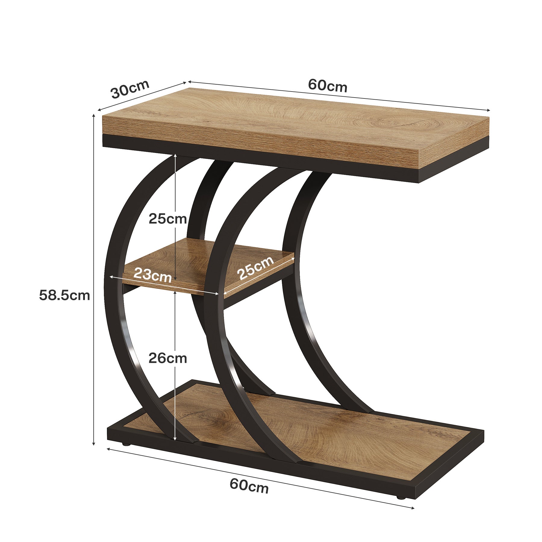 60 cm 3-stöckiger Beistelltisch, C-Form Industriedesign Seitentisch mit Stauraum in Naturholz