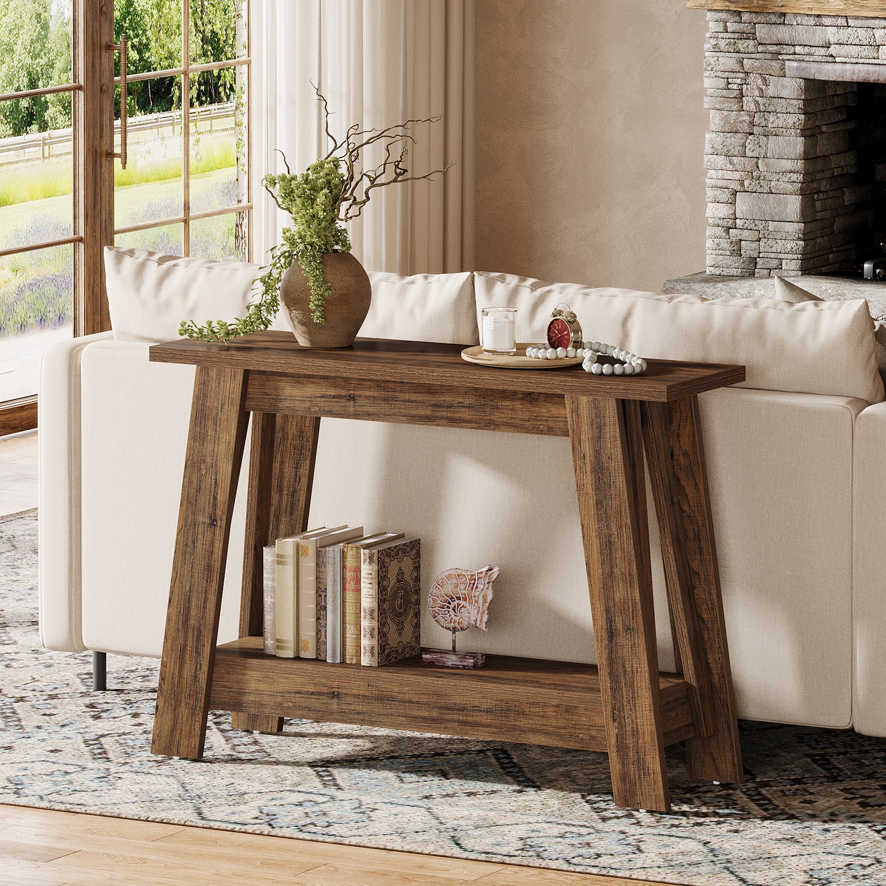 105 cm Farmhouse Konsolentisch mit 2 Ebenen Stauraum, Schmaler Sofatisch im Landhausstil