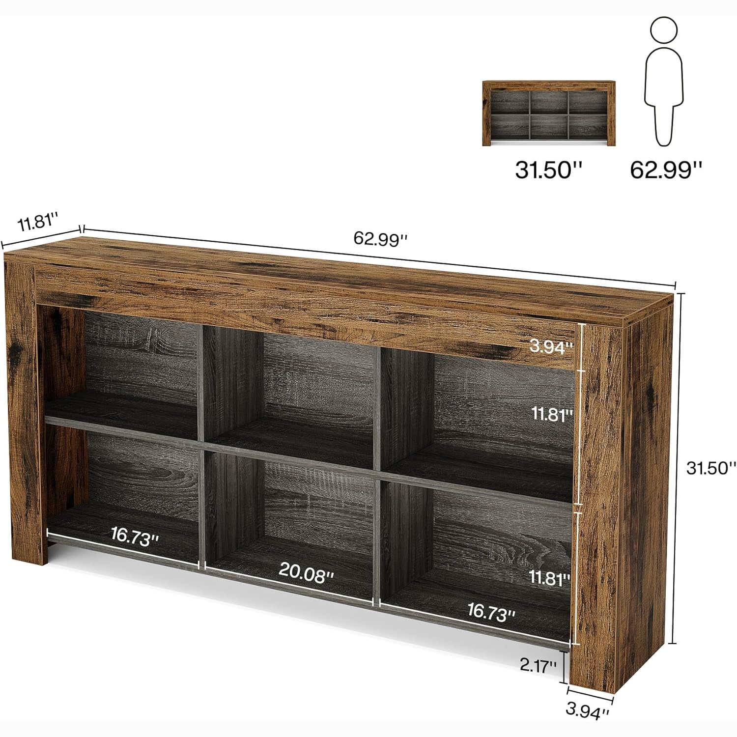 160 cm Industrielles 6-Fach Regal mit rustikalem Holzfinish, Breites Cubby Bücherregal im Landhausstil