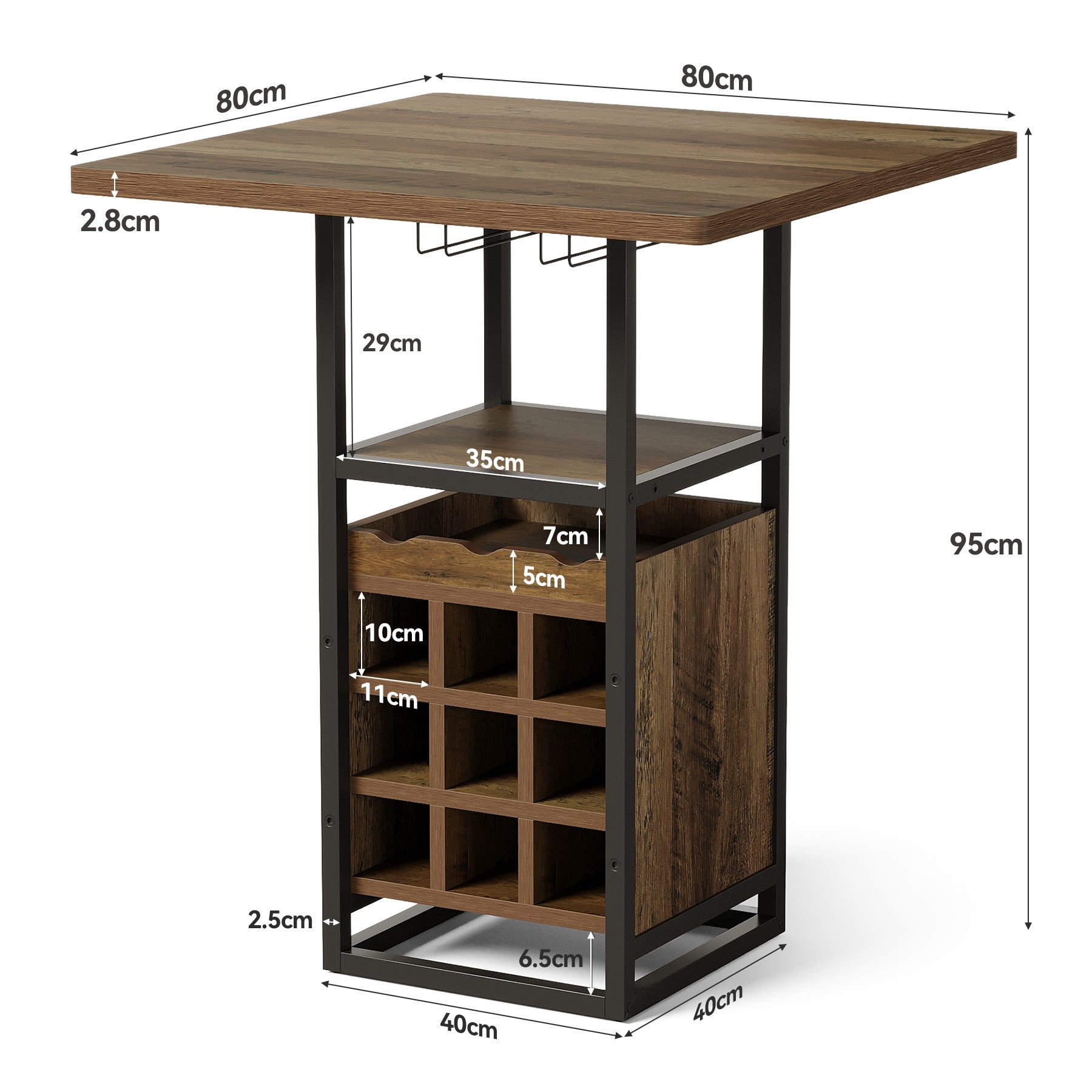 Tribesigns Bartisch 95 cm mit Stauraum, schmaler Bistrotisch mit Ablagen mit Weinregal & Glashalter
