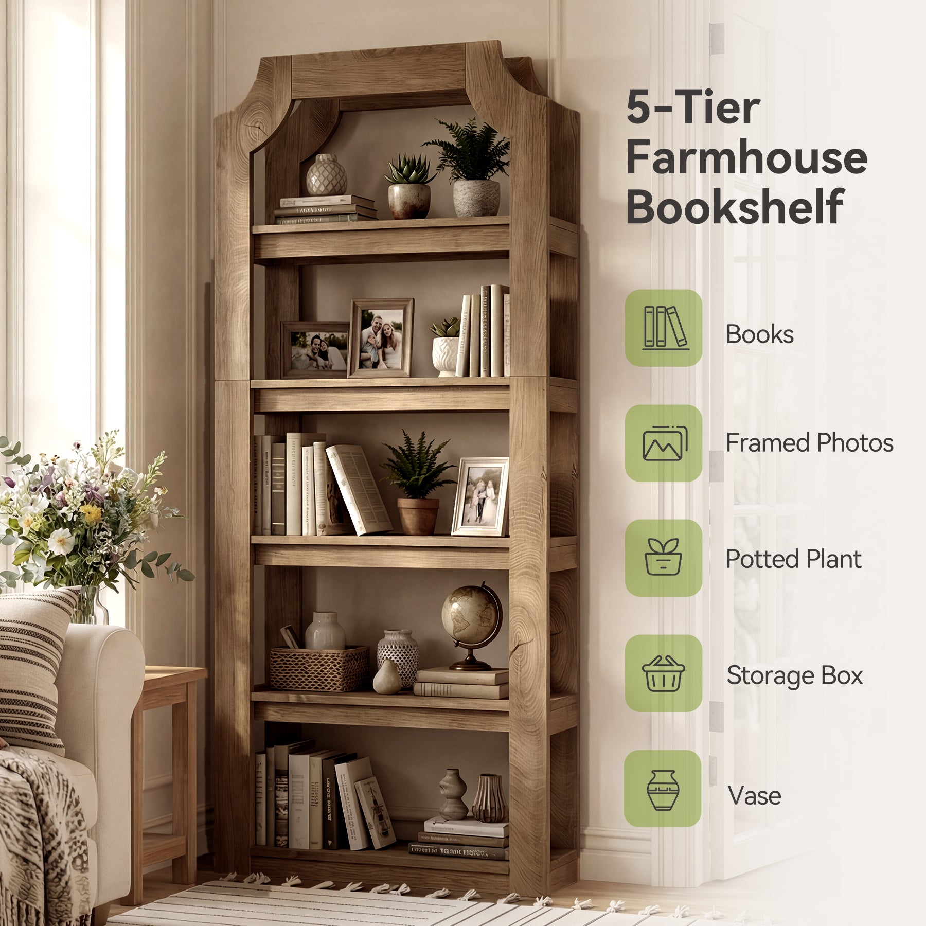 180 cm hoher 5-stöckiger Bücherregal im Landhausstil, robustes Standregal für Wohnzimmer, Büro & Schlafzimmer