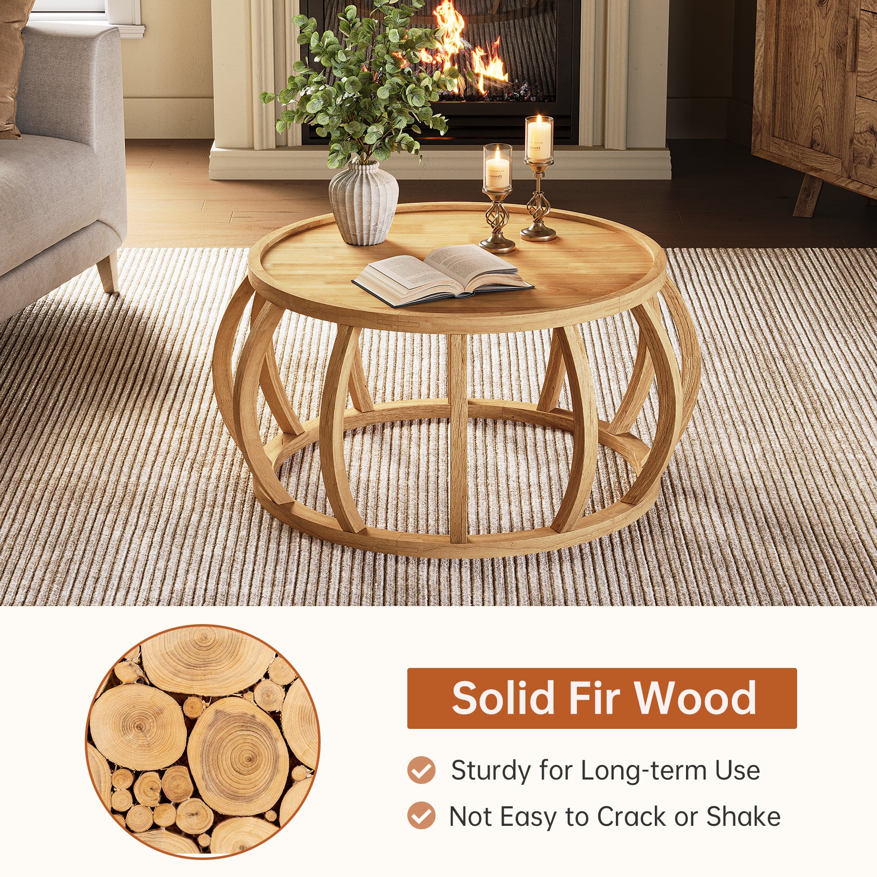 Runder Couchtisch aus Massivholz, 80 cm Wohnzimmertisch mit gebogenem Rahmensockel im Bauernhaus-Stil