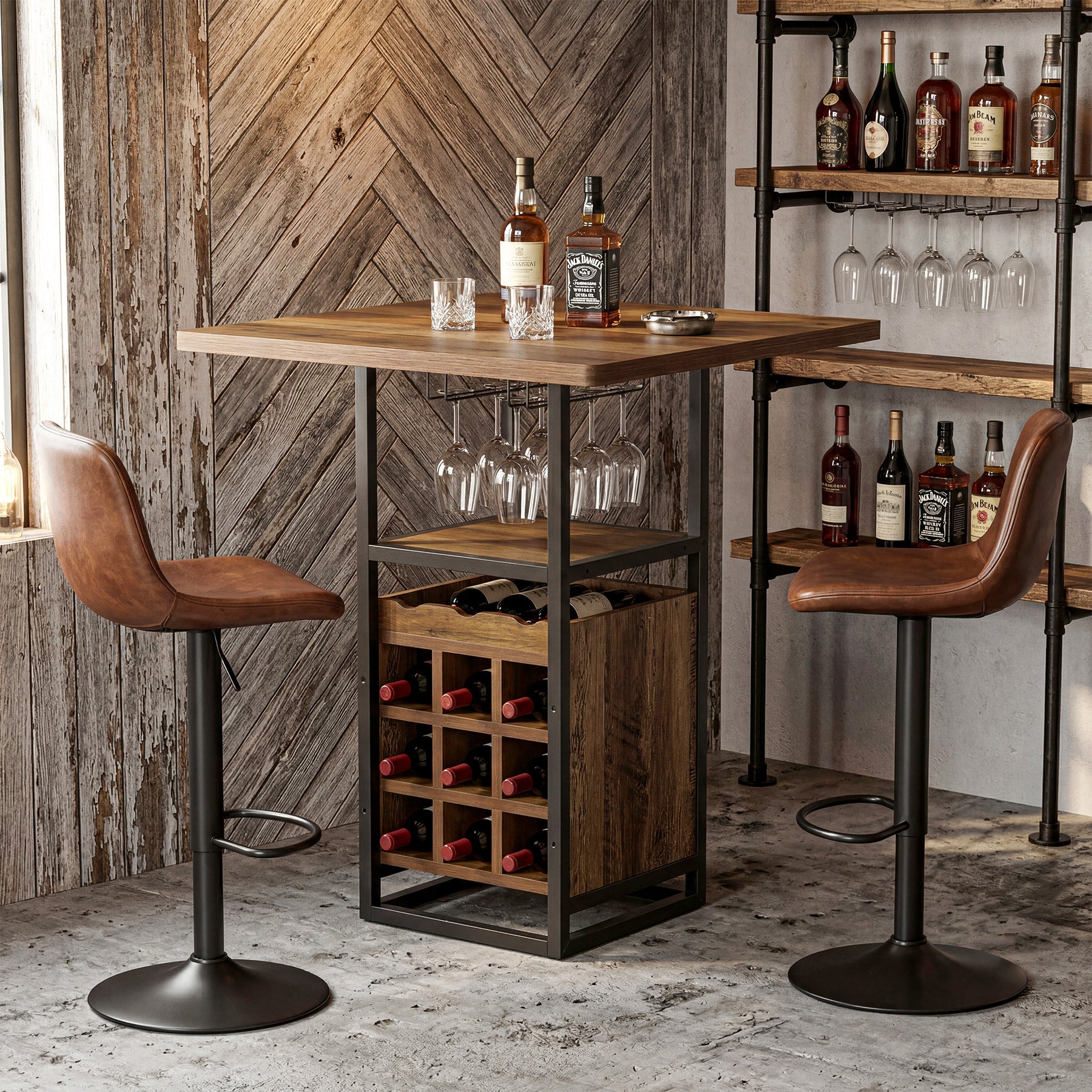 Tribesigns Bartisch 95 cm mit Stauraum, schmaler Bistrotisch mit Ablagen mit Weinregal & Glashalter