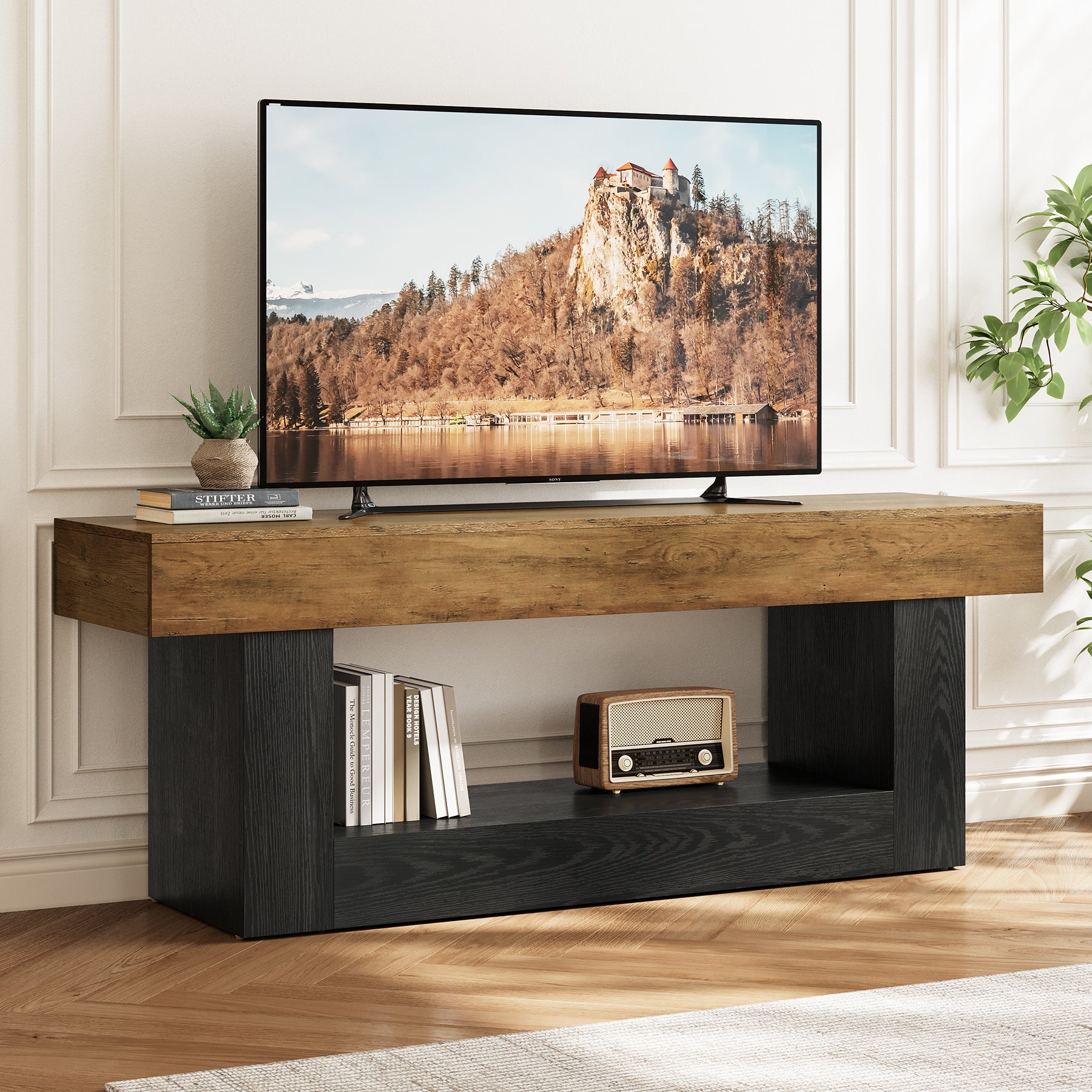 Tribesigns TV-Lowboard 160 cm, TV-Schrank für bis zu 70 Zoll, Fernsehständer mit offenen Fächern & stabilem U-Gestell