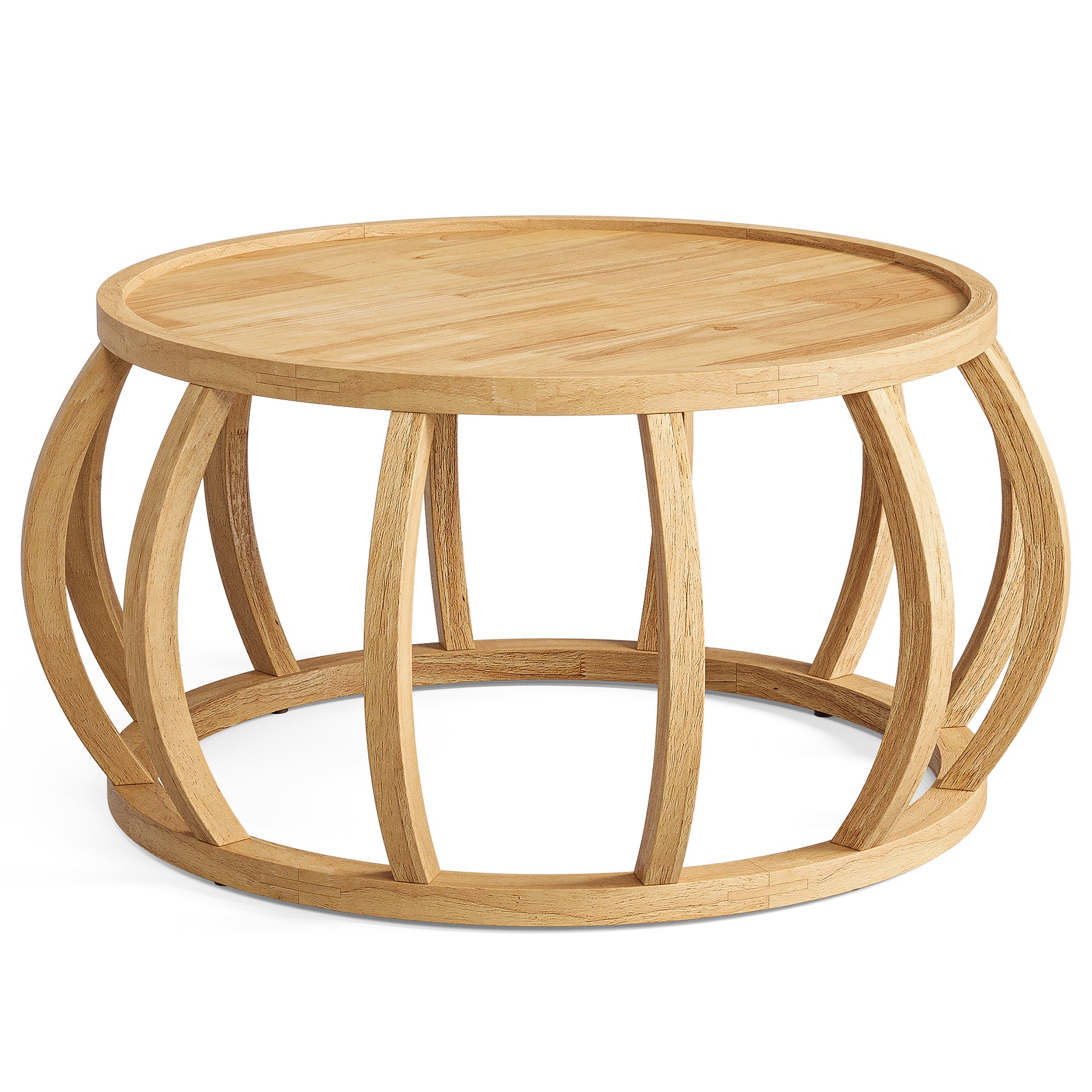 Runder Couchtisch aus Massivholz, 80 cm Wohnzimmertisch mit gebogenem Rahmensockel im Bauernhaus-Stil