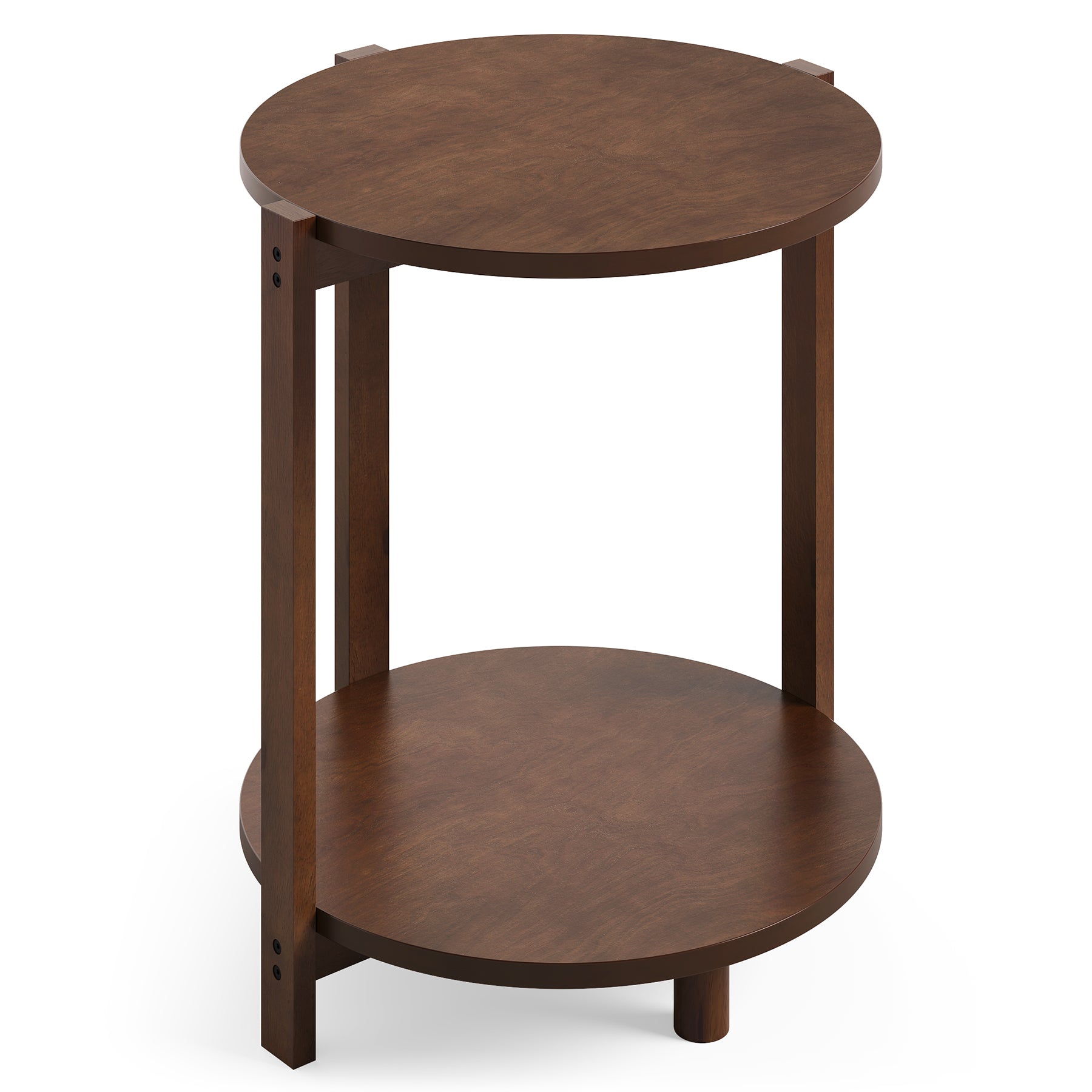 Runder Beistelltisch aus Massivholz 48 cm, Kleiner 2-stufiger Nachttisch mit Ablage, Retro Sofatisch für Wohnzimmer