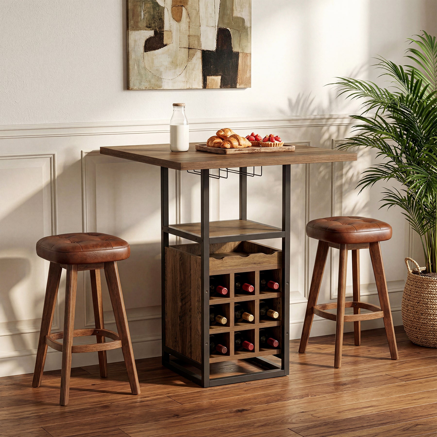 Tribesigns Bartisch 95 cm mit Stauraum, schmaler Bistrotisch mit Ablagen mit Weinregal & Glashalter