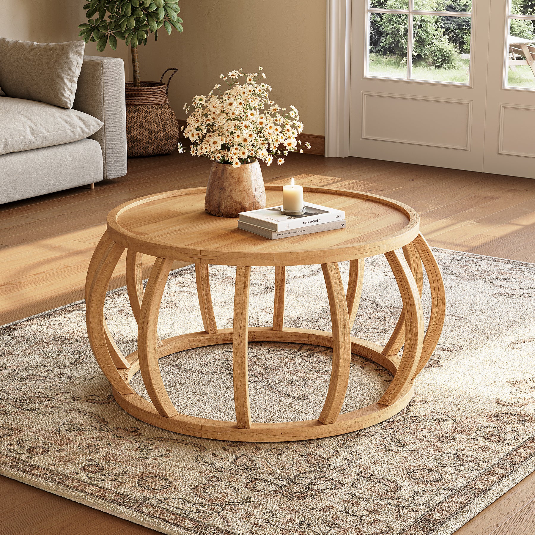 Runder Couchtisch aus Massivholz, 80 cm Wohnzimmertisch mit gebogenem Rahmensockel im Bauernhaus-Stil