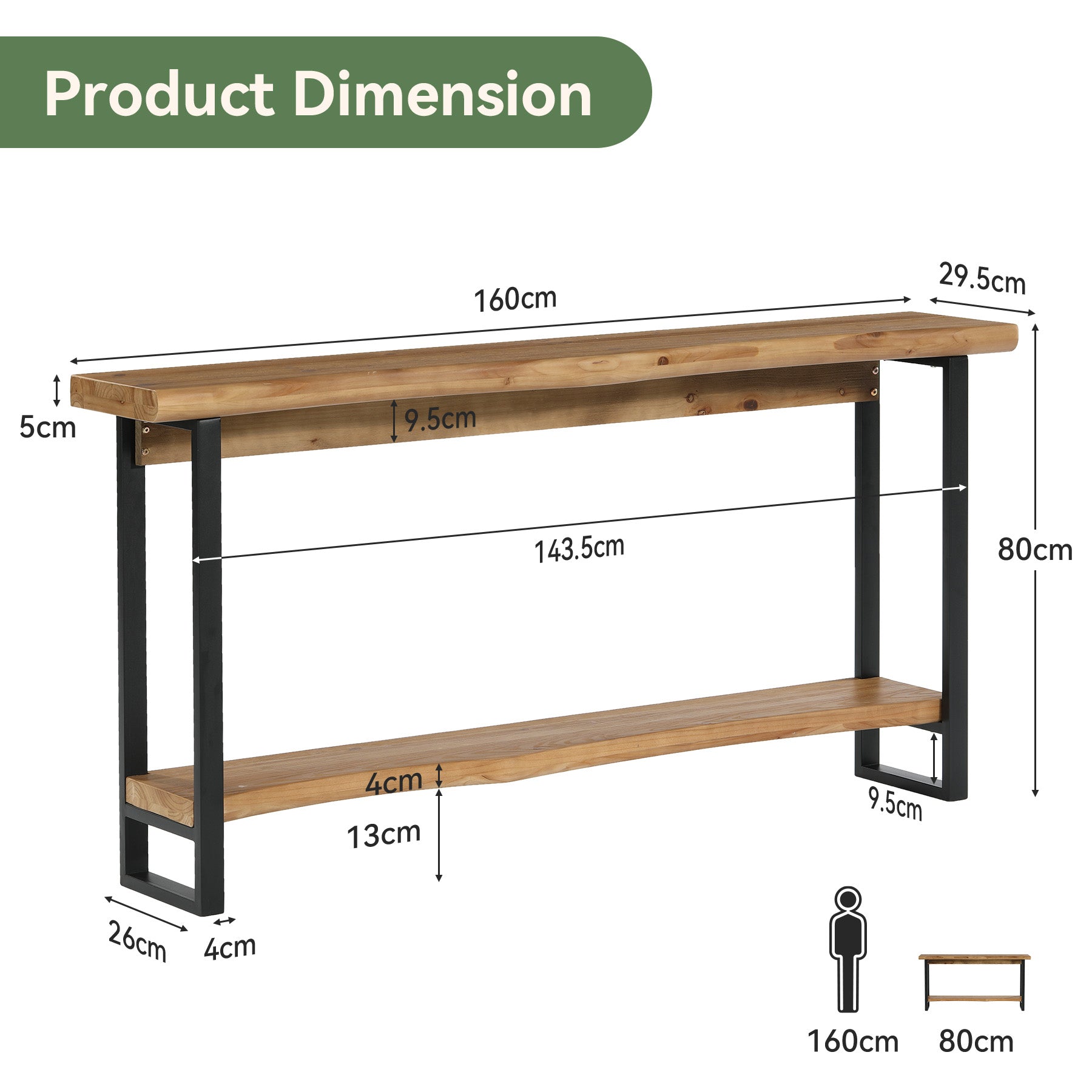 Massivholz Konsole 160 cm mit Baumkante, 2-stufiger Sofatisch hinter Couch mit Metallbeinen