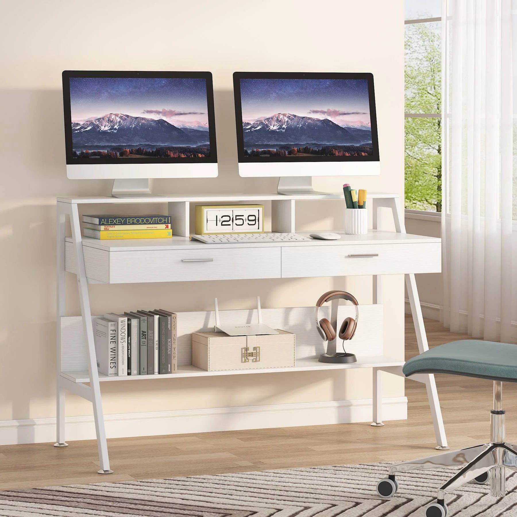 Weißer Computertisch, 120 cm Schreibtisch mit Ablage und Schubladen