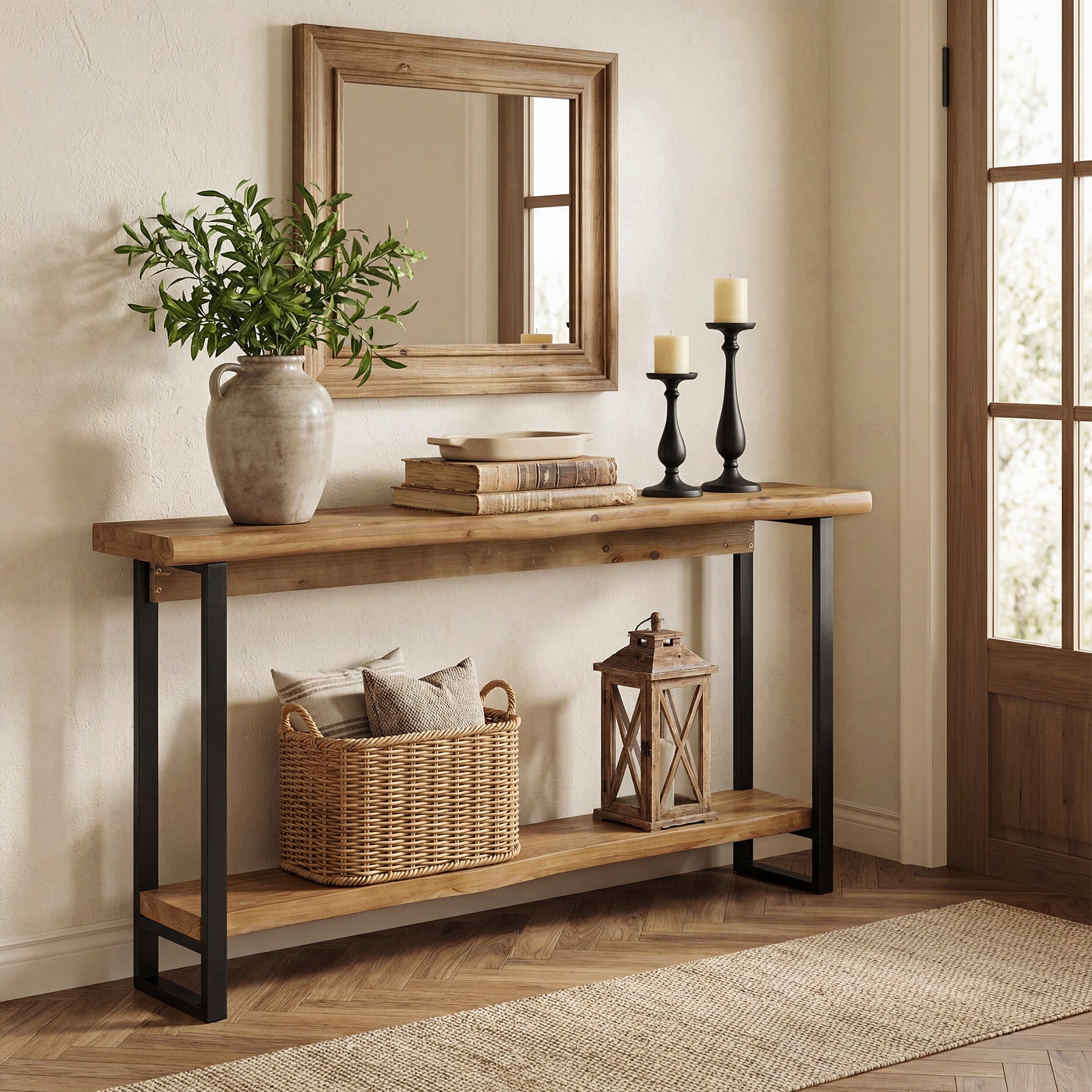 Massivholz Konsole 160 cm mit Baumkante, 2-stufiger Sofatisch hinter Couch mit Metallbeinen