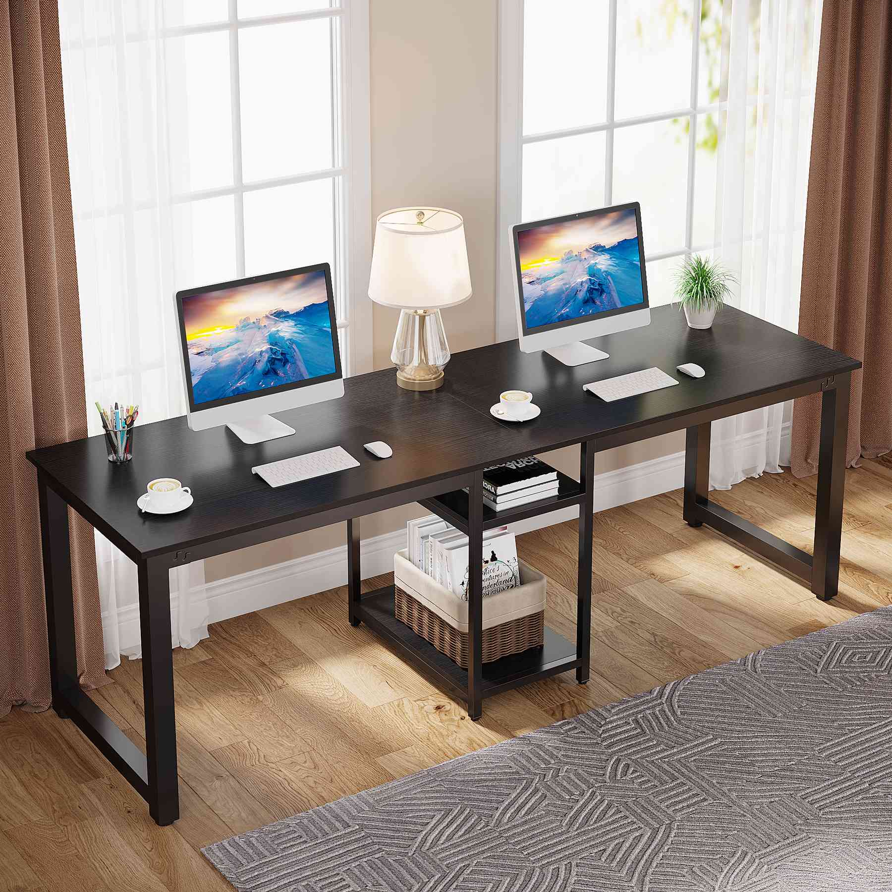 200cm Zwei-Personen-Schreibtisch, Doppel-Computertisch mit Lagerregalen