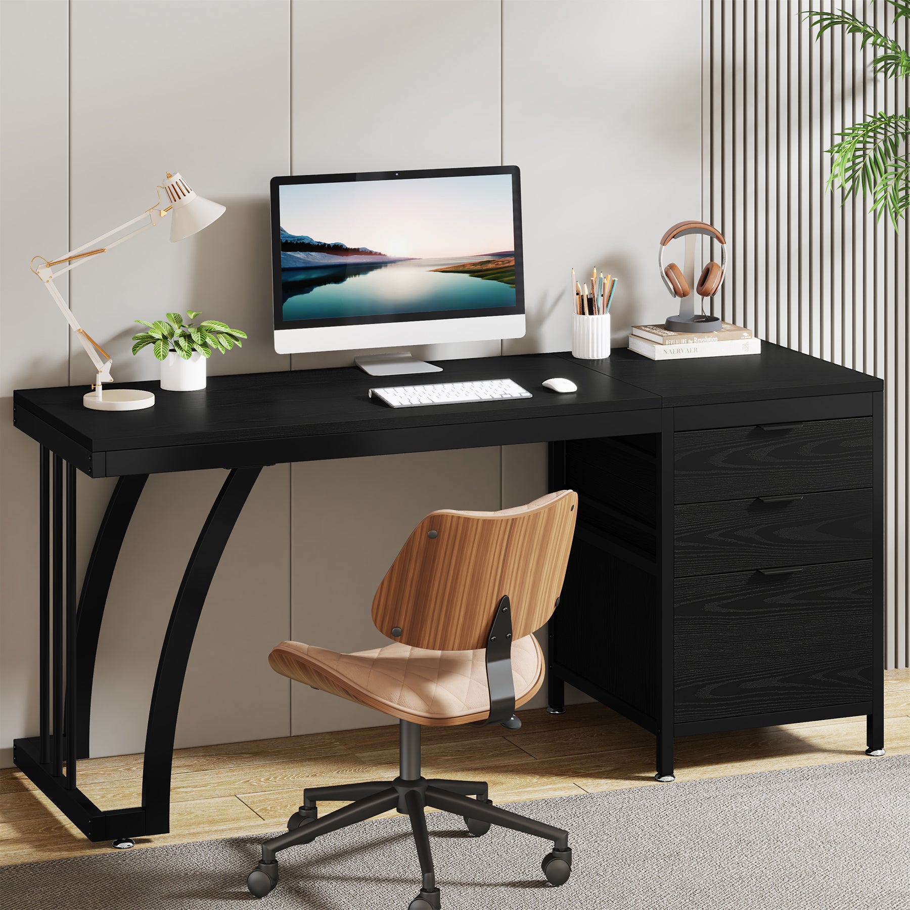 Industrieller Computertisch, 150 cm Schreibtisch mit umkehrbarem Schubladenschrank