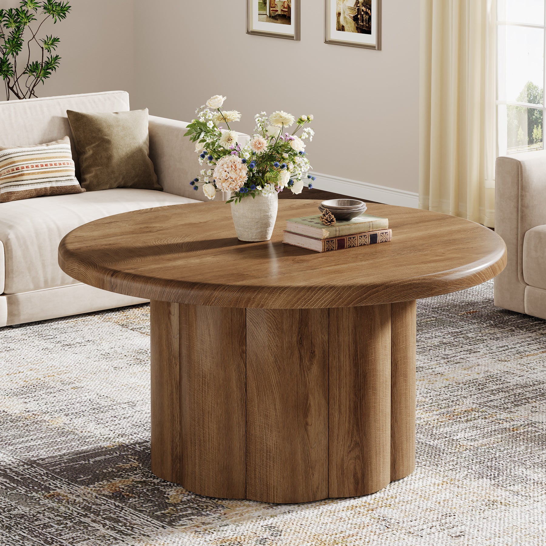 80 cm Couchtisch Rund, Landhaus Design Wohnzimmertisch mit Riffelbasis in Braun