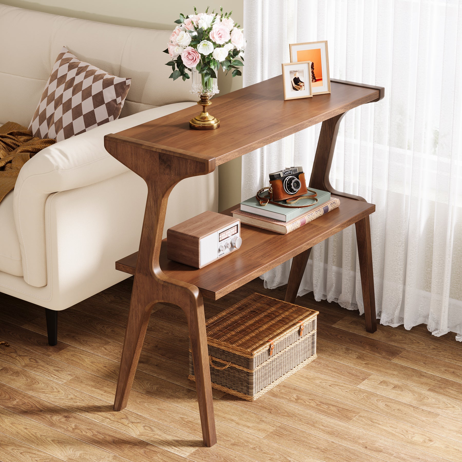 Tribesigns Schmaler Beistelltisch aus Massivholz, 2-stufiger Nachttisch mit modernem Design
