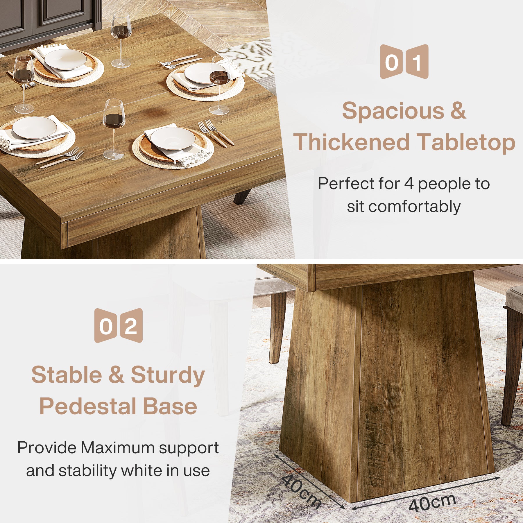 Quadratischer Esstisch 80x80 cm für 4 Personen, kompakter Küchentisch im Landhausstil mit stabilem Sockel