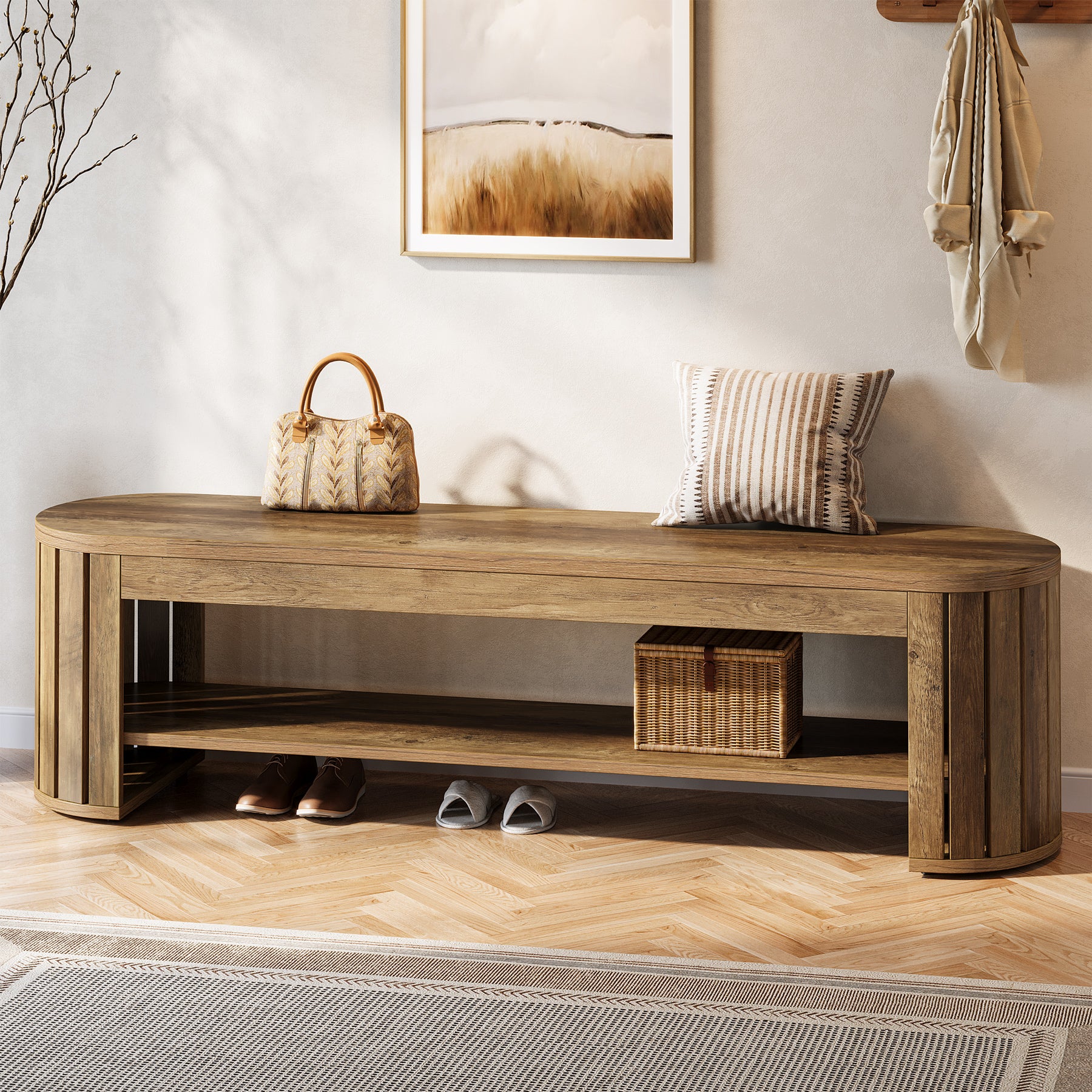 Schuhbank aus Holz mit Stauraum, 160 cm Lange 2-stufige Sitzbank für Flur, Schlafzimmer und Wohnzimmer