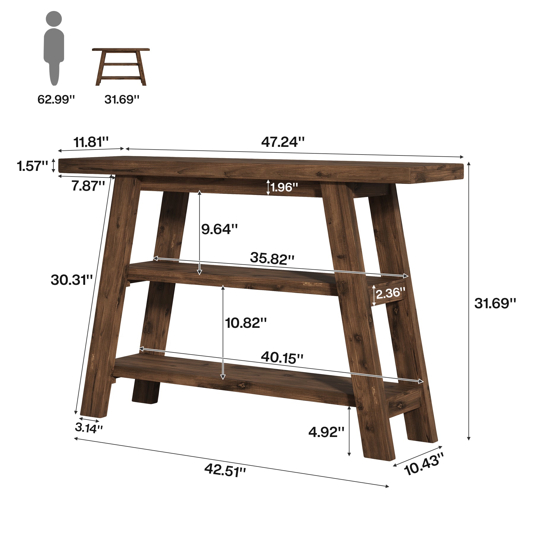 120 cm Massivholz-Konsolentisch im Landhausstil, schmaler Sofatisch mit 3 Ebenen für Eingang & Foyer