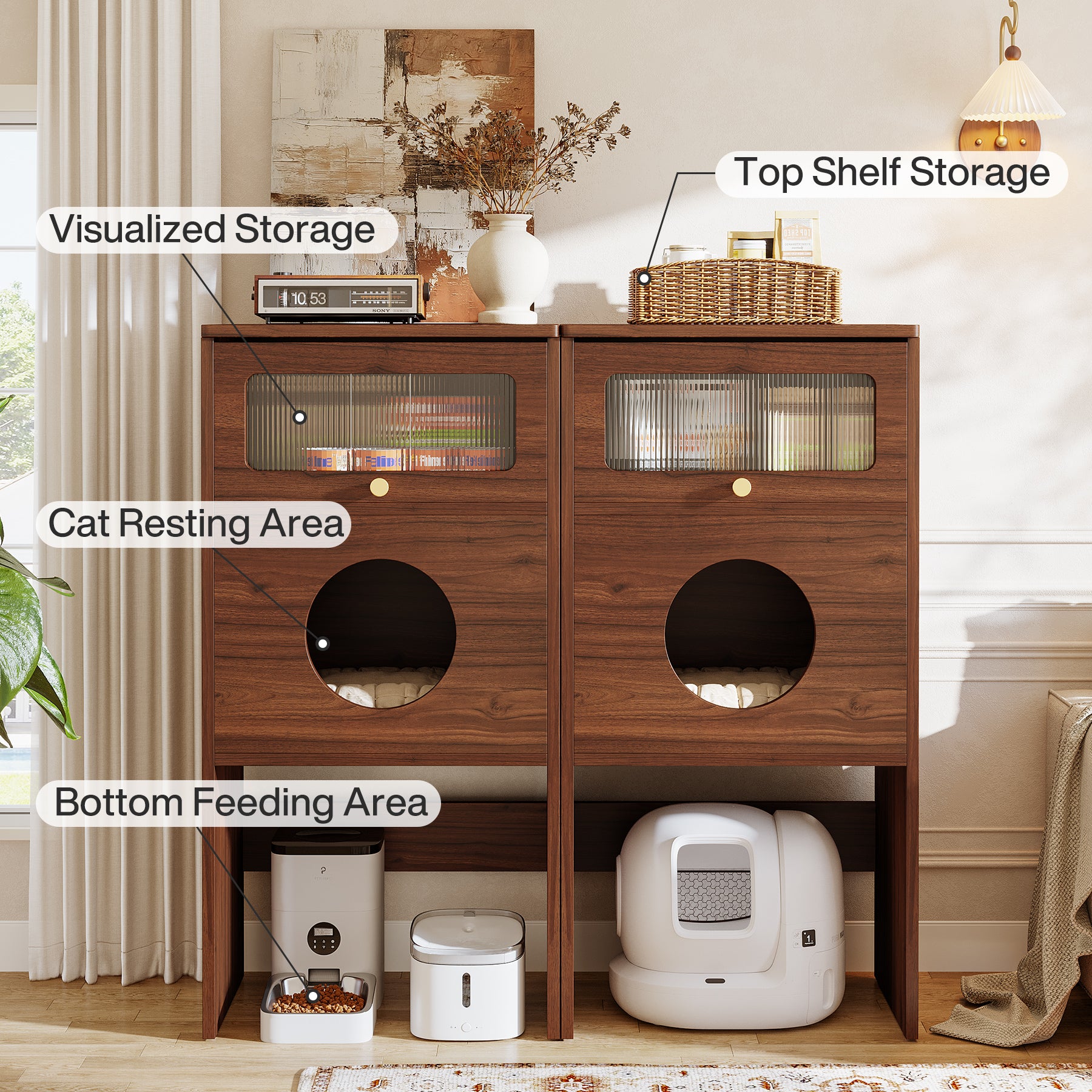 Tribesigns Katzenhaus Möbel mit Stauraum – Katzenklo Schrank & Beistelltisch 2-in-1, Indoor Katzenmöbel für kleine Wohnungen