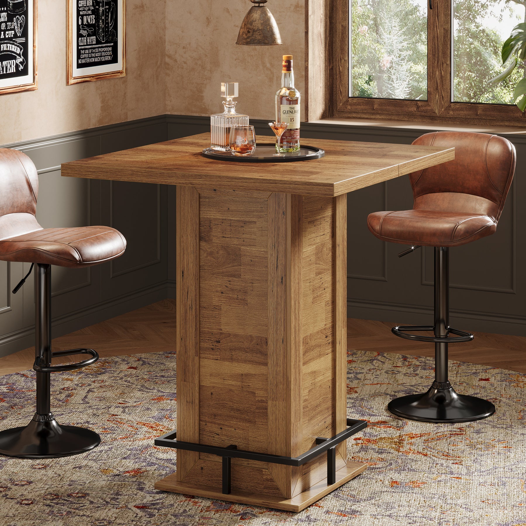 Tribesigns Quadratischer Bartisch 100 cm, Stehtisch mit Fußablage, kompakter Küchentisch im Industrial-Design