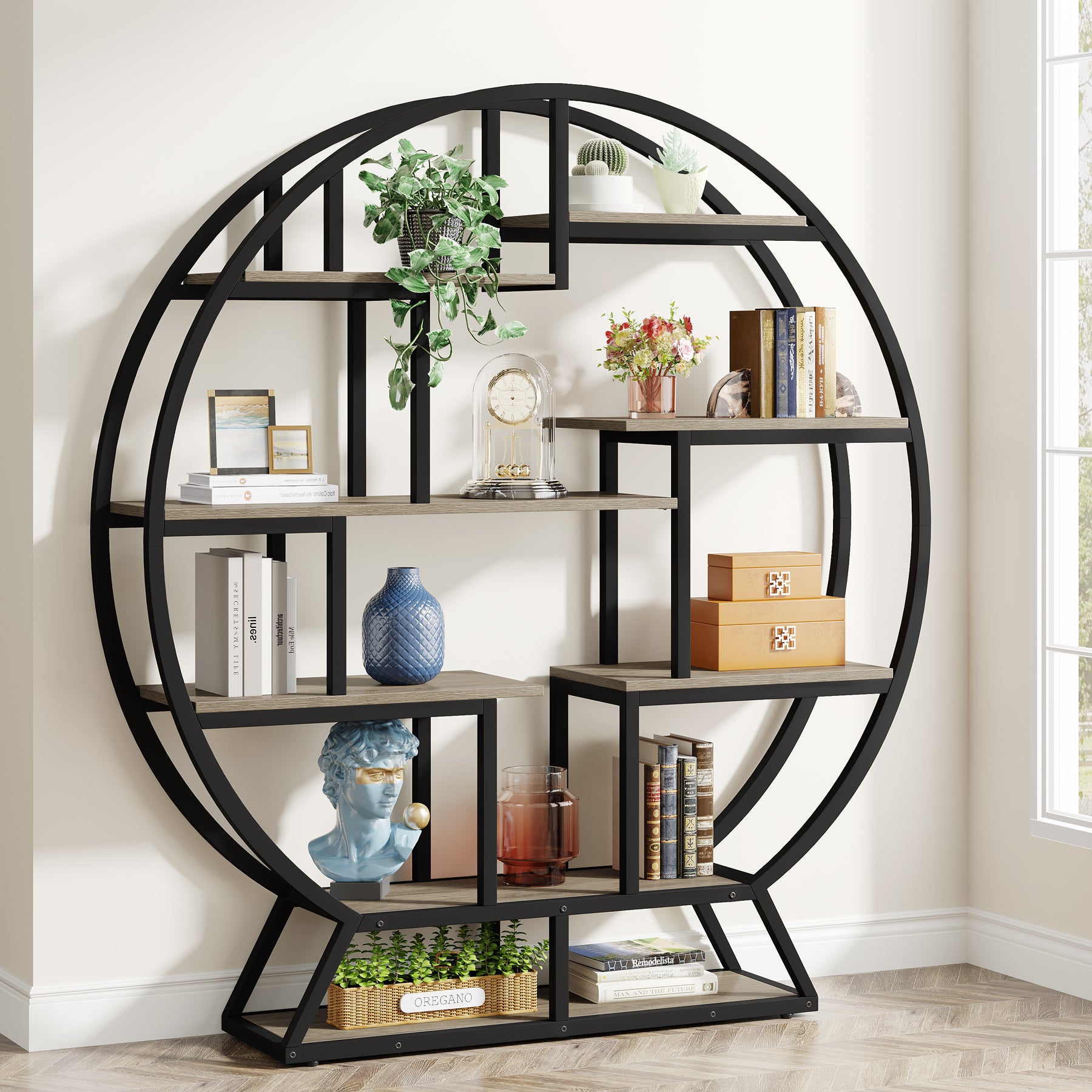 Rundes Bücherregal, 150cm Etagere-Bücherregal mit versetzten Regalen