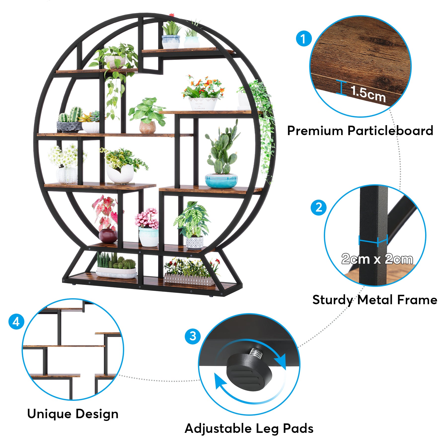 Runder Pflanzenständer, 150cm Blumentopf-Pflanzenregal mit 8 Ablagen
