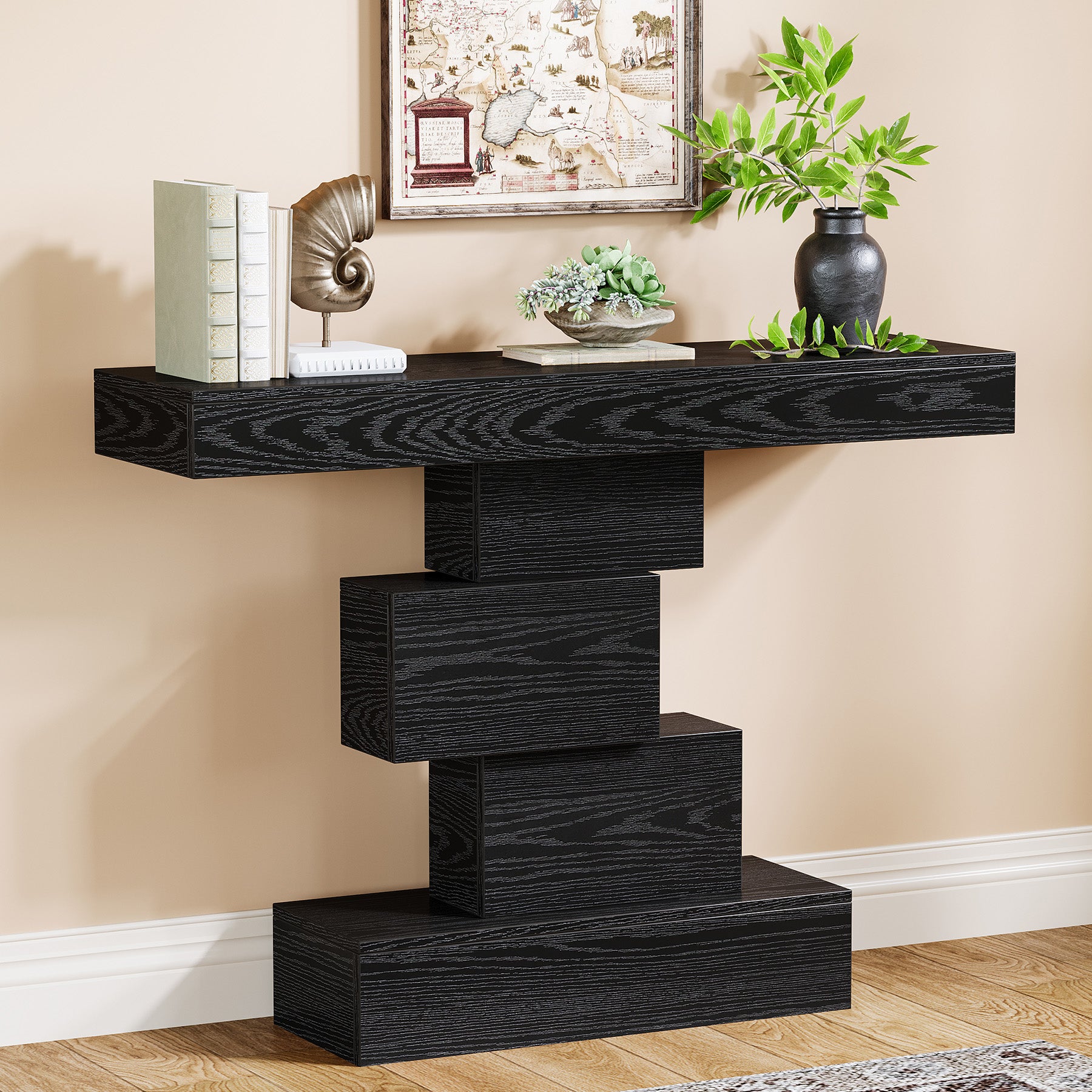 108cm Konsolentisch, Holzsofatisch, Akzenttisch mit geometrischem Sockel