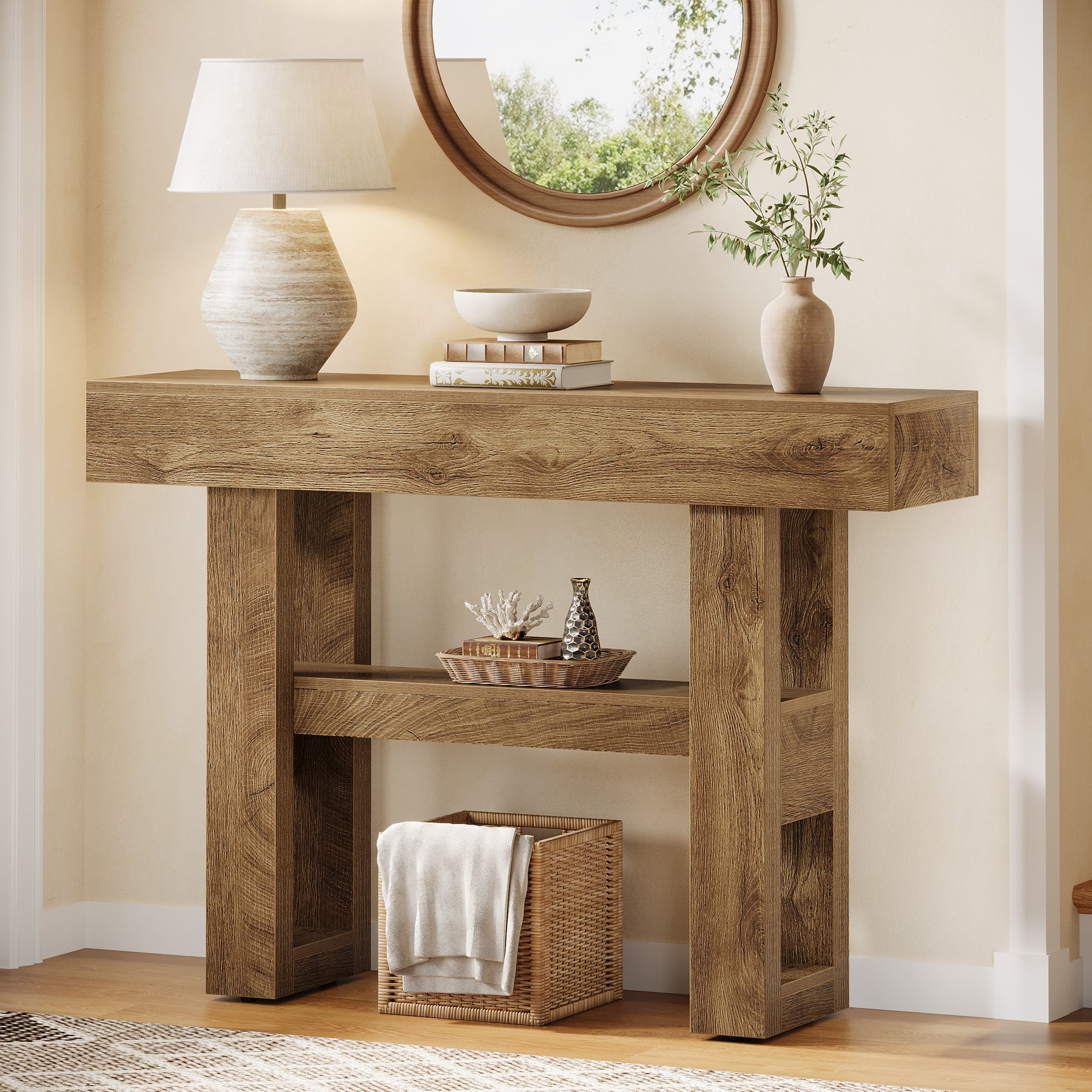 105 cm Farmhouse Konsoletisch mit 2 Ebenen - Schmaler Flurtisch in Rustikalbraun mit Ablagefächern