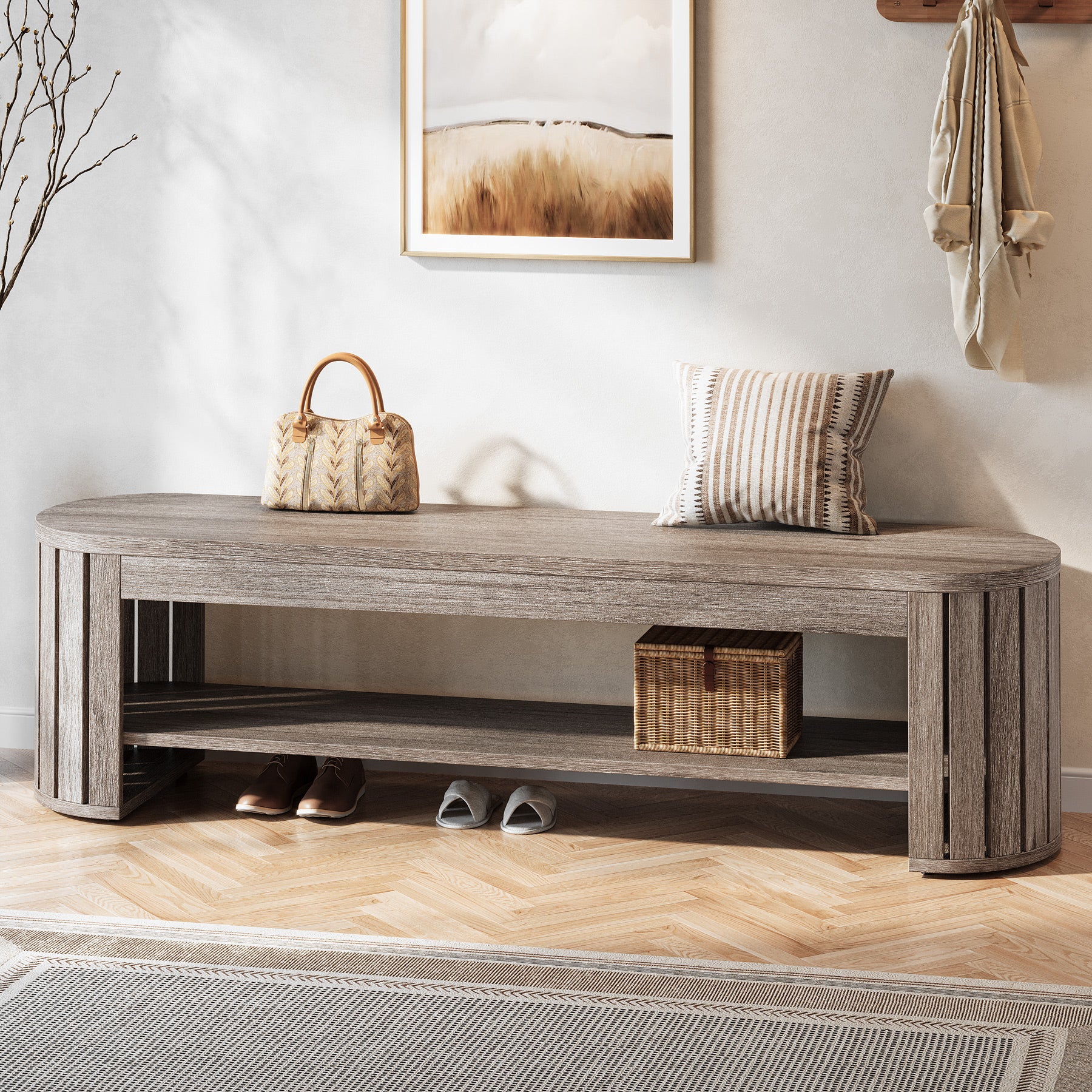 Schuhbank aus Holz mit Stauraum, 160 cm Lange 2-stufige Sitzbank für Flur, Schlafzimmer und Wohnzimmer