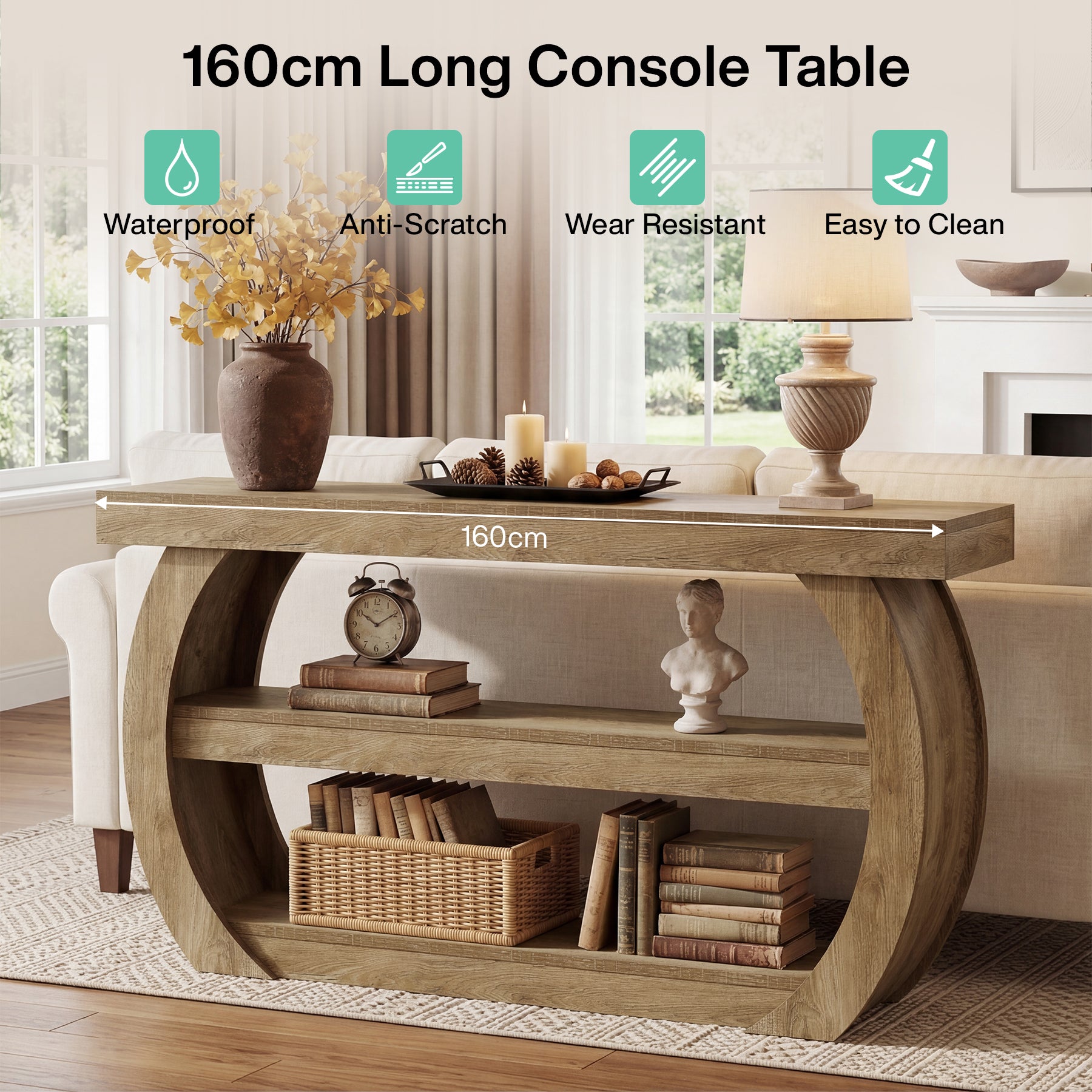 Tribesigns Konsolentisch im Landhausstil 160 cm, 3-stöckiger Flurtisch aus Holz mit Ablage