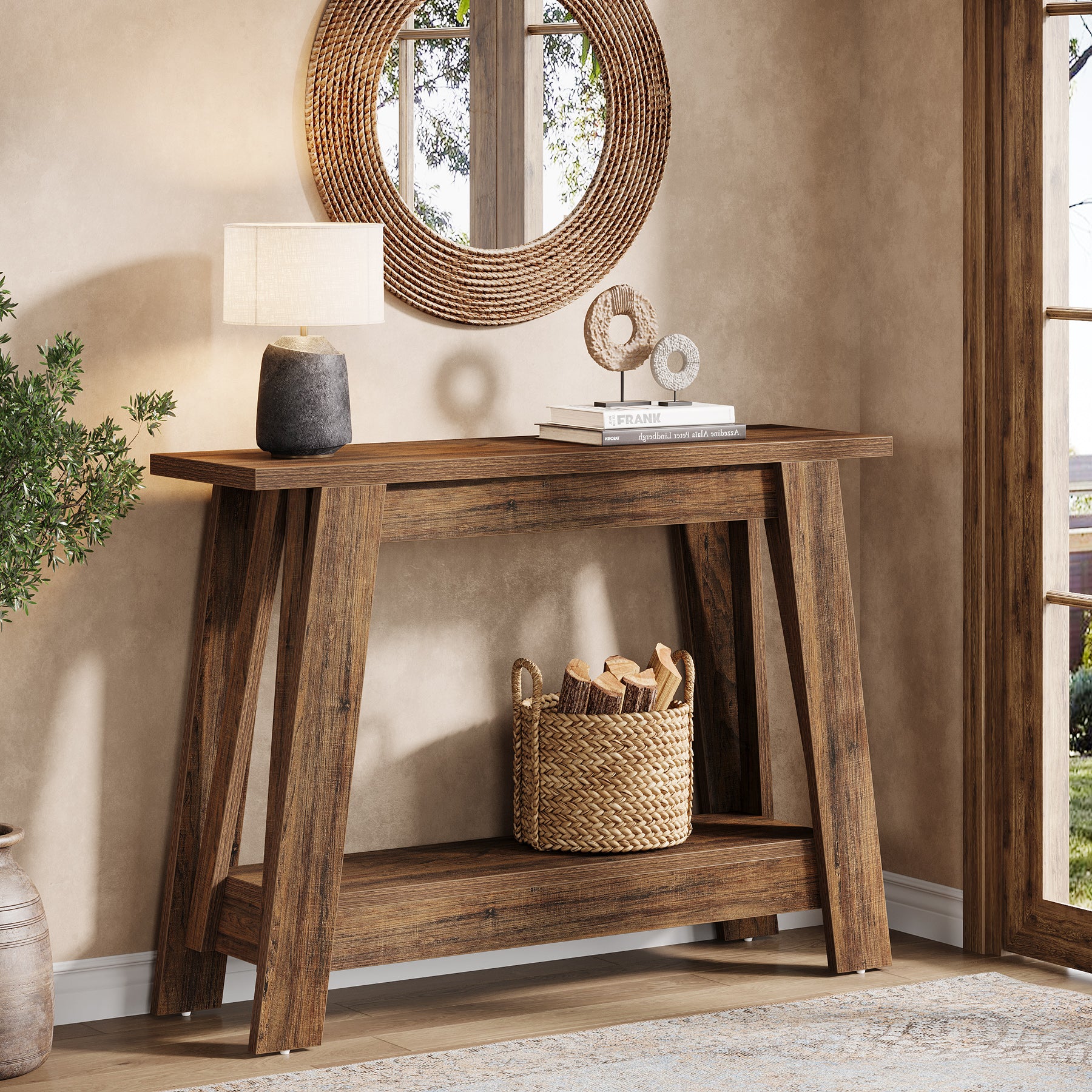 105 cm Farmhouse Konsolentisch mit 2 Ebenen Stauraum, Schmaler Sofatisch im Landhausstil