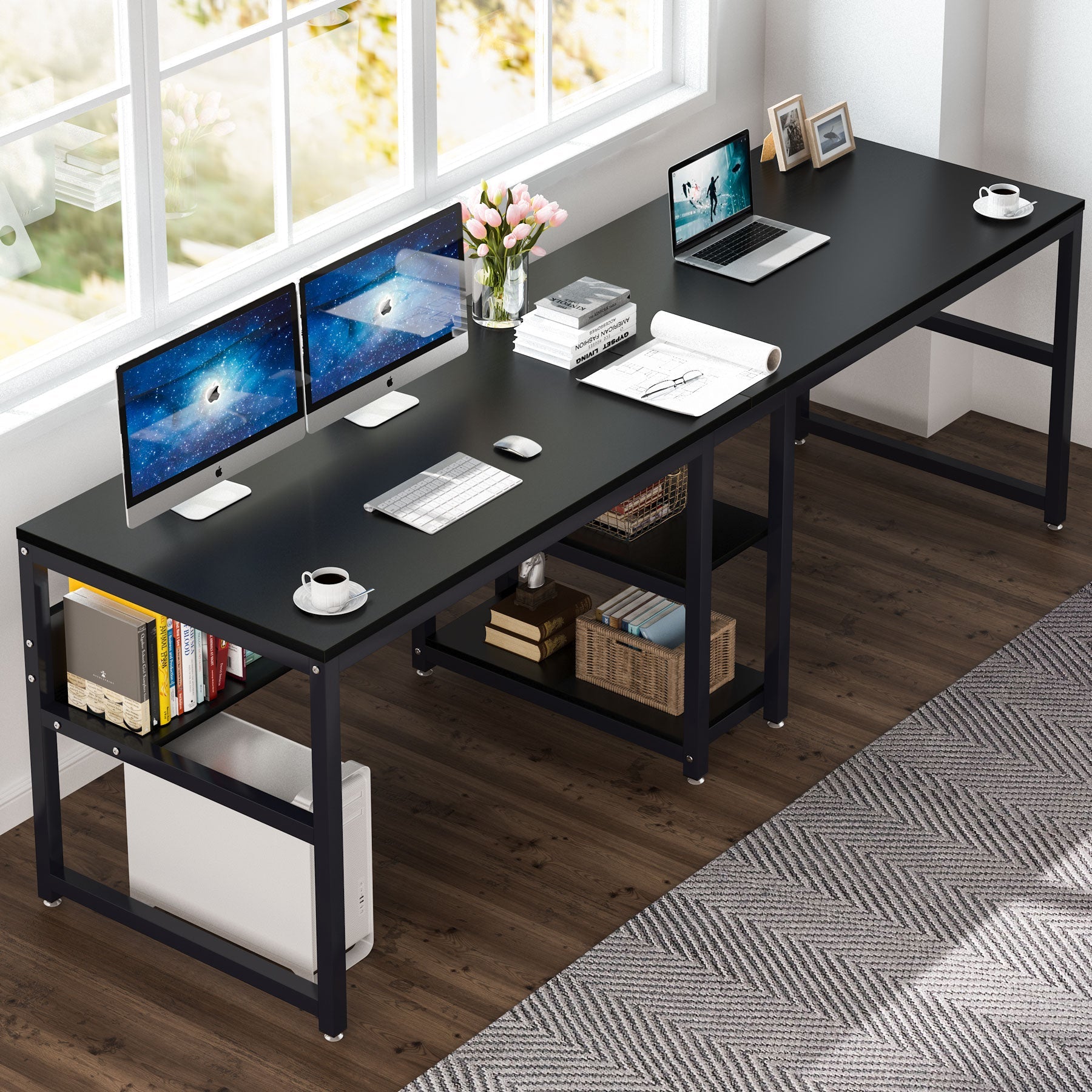 200cm Zwei-Personen-Schreibtisch, Computertisch, Doppelarbeitsplatz mit Regalen