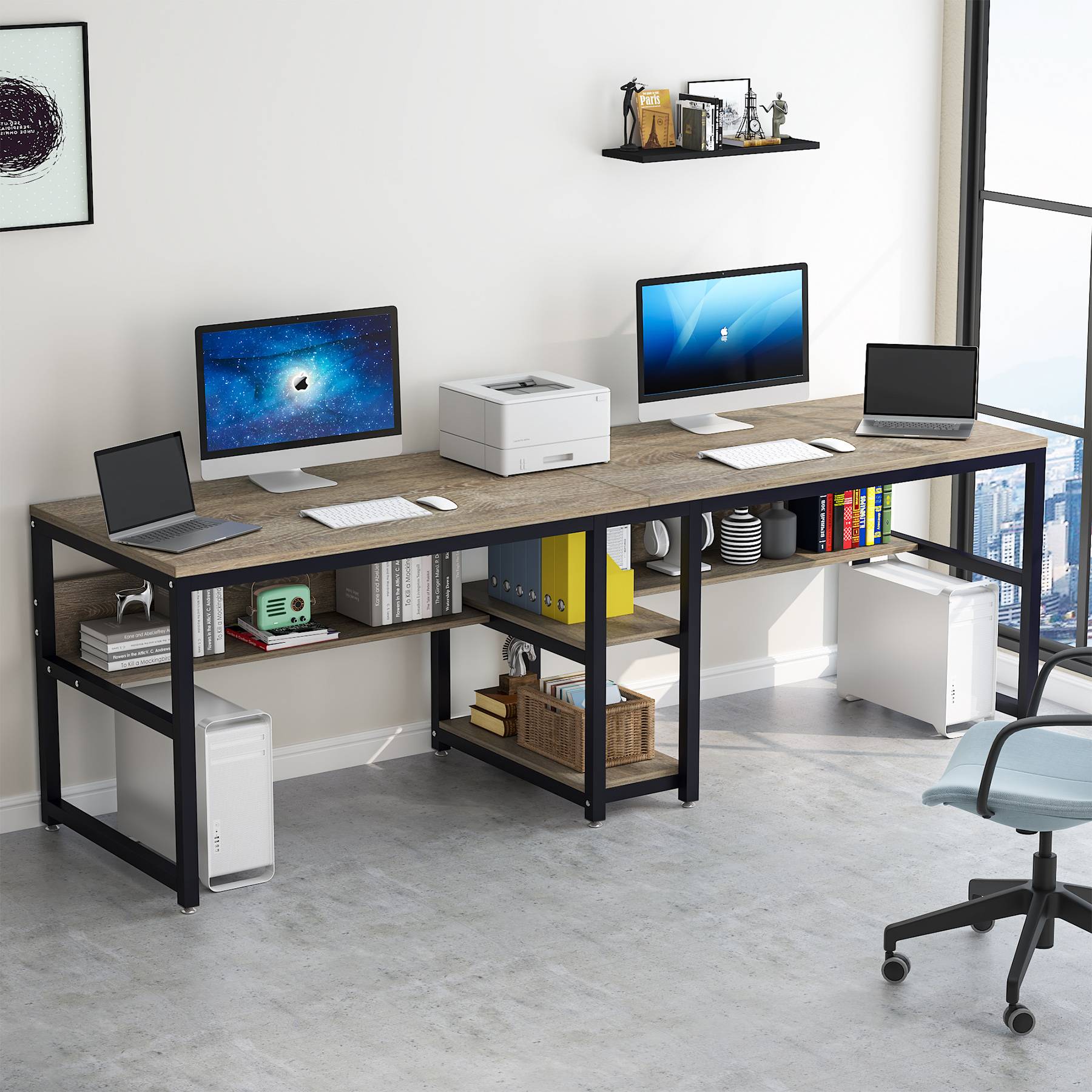 200cm Zwei-Personen-Schreibtisch, Computertisch, Doppelarbeitsplatz mit Regalen