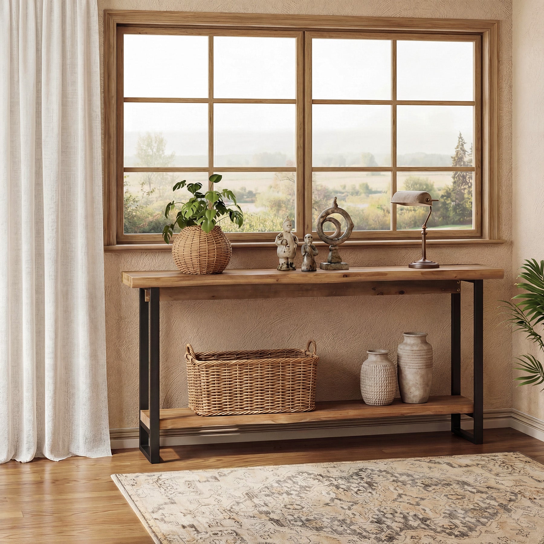 Massivholz Konsole 160 cm mit Baumkante, 2-stufiger Sofatisch hinter Couch mit Metallbeinen