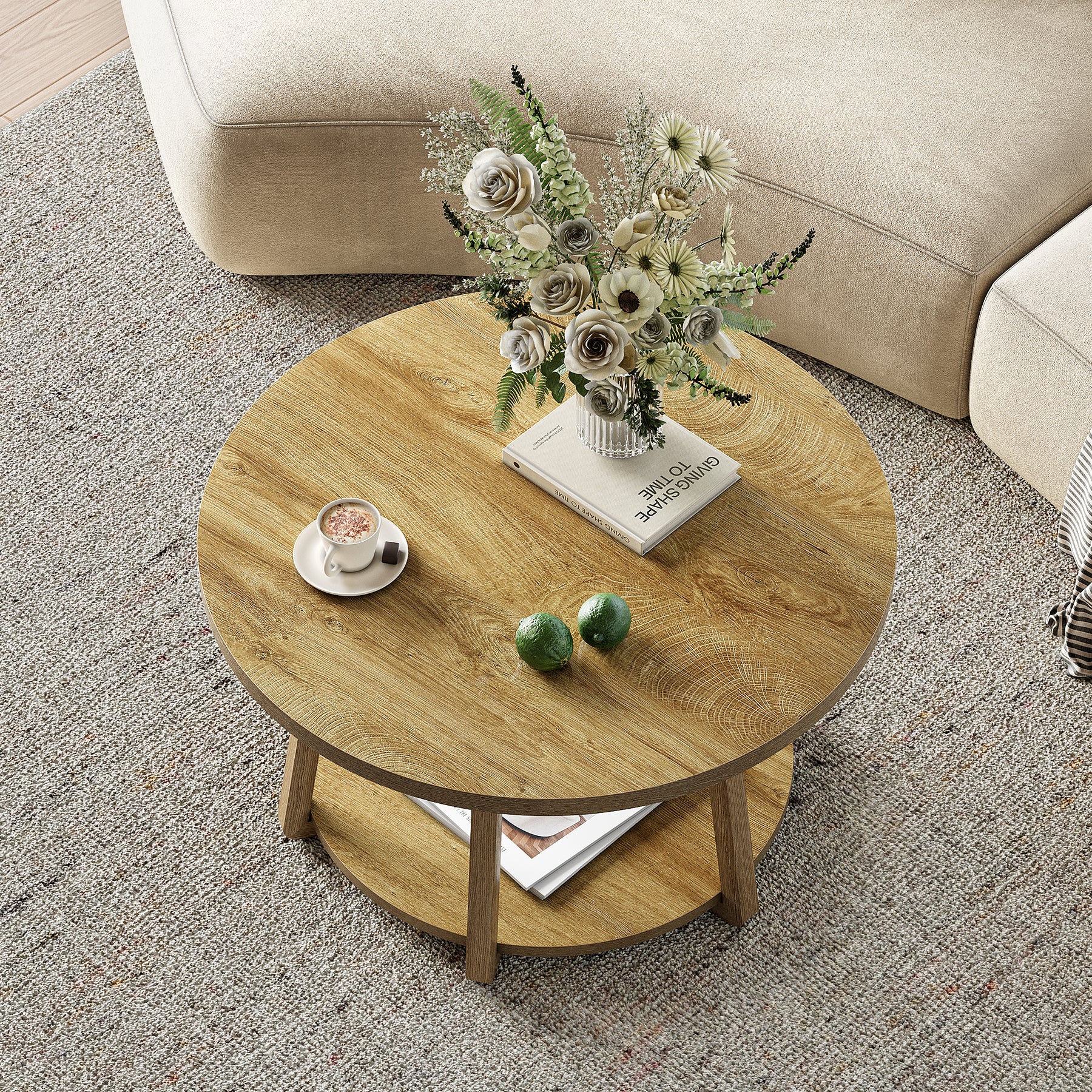 Tribesigns Runder Couchtisch 80 cm mit Ablage, 2 Ebenen Wohnzimmertisch klein mit Stauraum