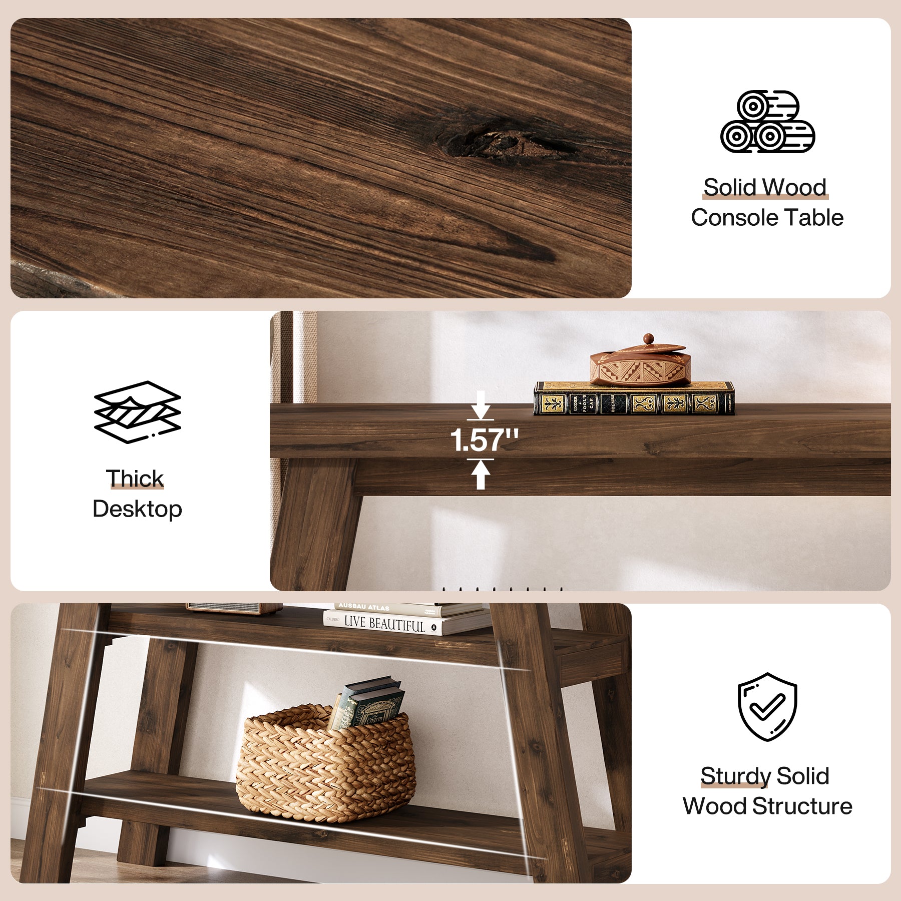 120 cm Massivholz-Konsolentisch im Landhausstil, schmaler Sofatisch mit 3 Ebenen für Eingang & Foyer
