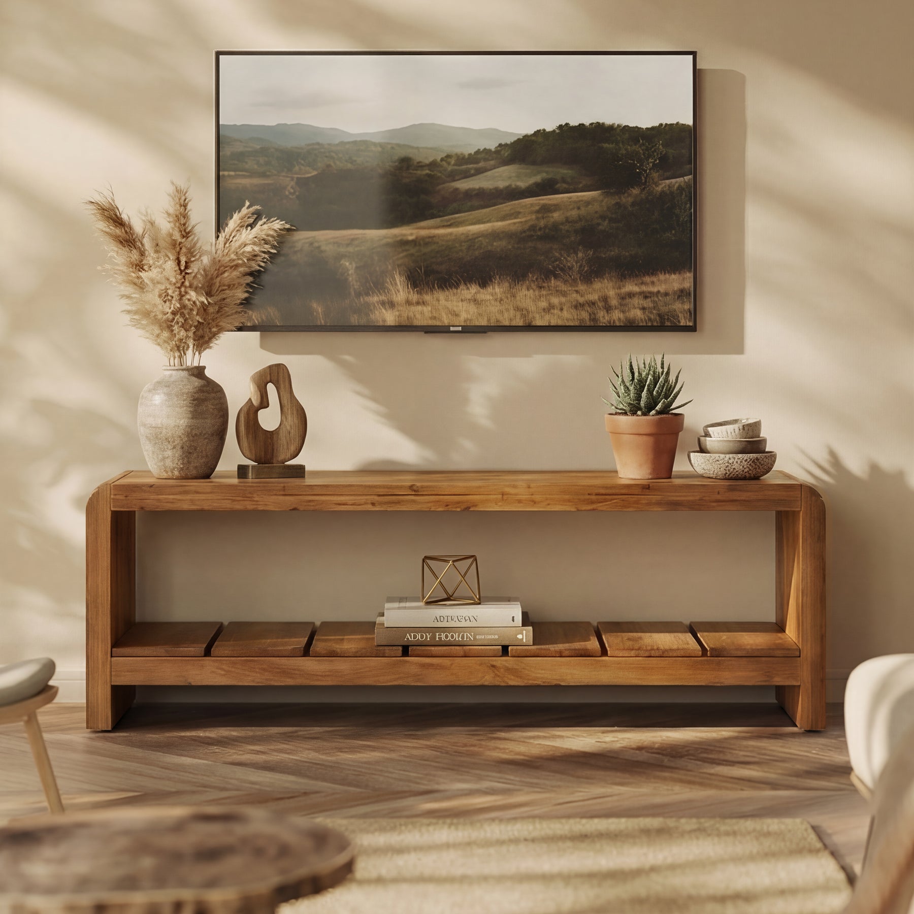 Tribesigns TV-Lowboard 150 cm aus Massivholz für 55–65 Zoll Fernseher, TV-Schrank im Landhausstil mit offener Ablage