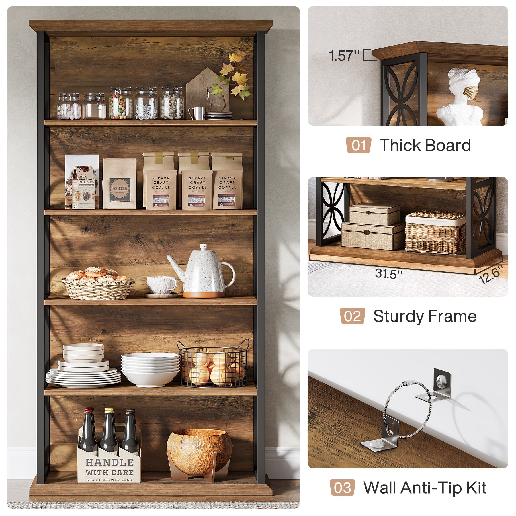 Industrielles 6-Fach-Bücherregal – 71" Hohes Bücherdisplay mit Metallrahmen
